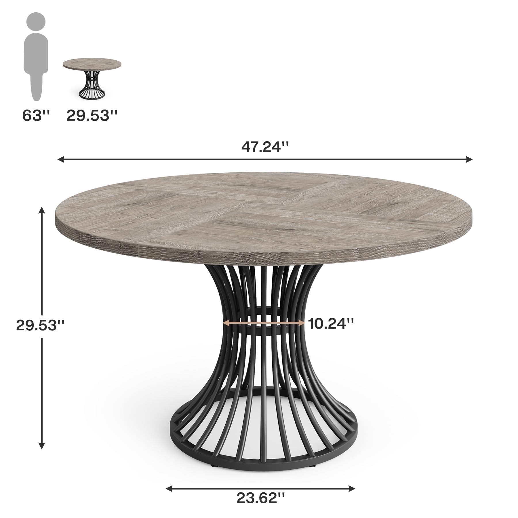 Round Dining Table for 4-6 People, 119cm Farmhouse Dinning Room Table Circle Kitchen Table, Industrial Dinner Table with Metal Base for Kitchen, Living Room, Rustic Brown