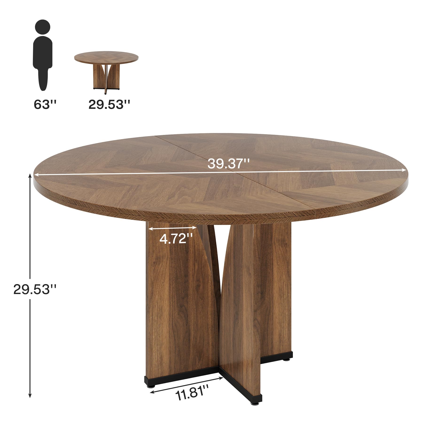 Round Dining Table Wood Kitchen Table for Dining Room Living Room, 101cm Dining Table for 4 People, Farmhouse Dinner Table with Wooden Table Top and Legs, Rustic Brown (Without Chair)