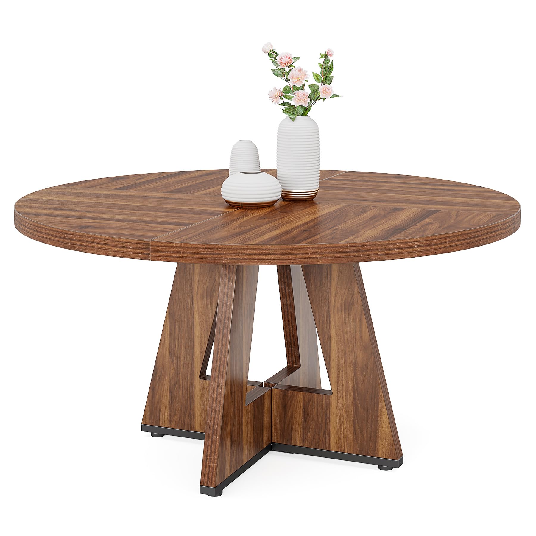 Round Dining Table Wood Kitchen Table for Dining Room Living Room, 119cm Dining Room Tables for 4 People, Farmhouse Dinner Table with Wooden Table Top and Legs, Rustic Brown(Only Table)