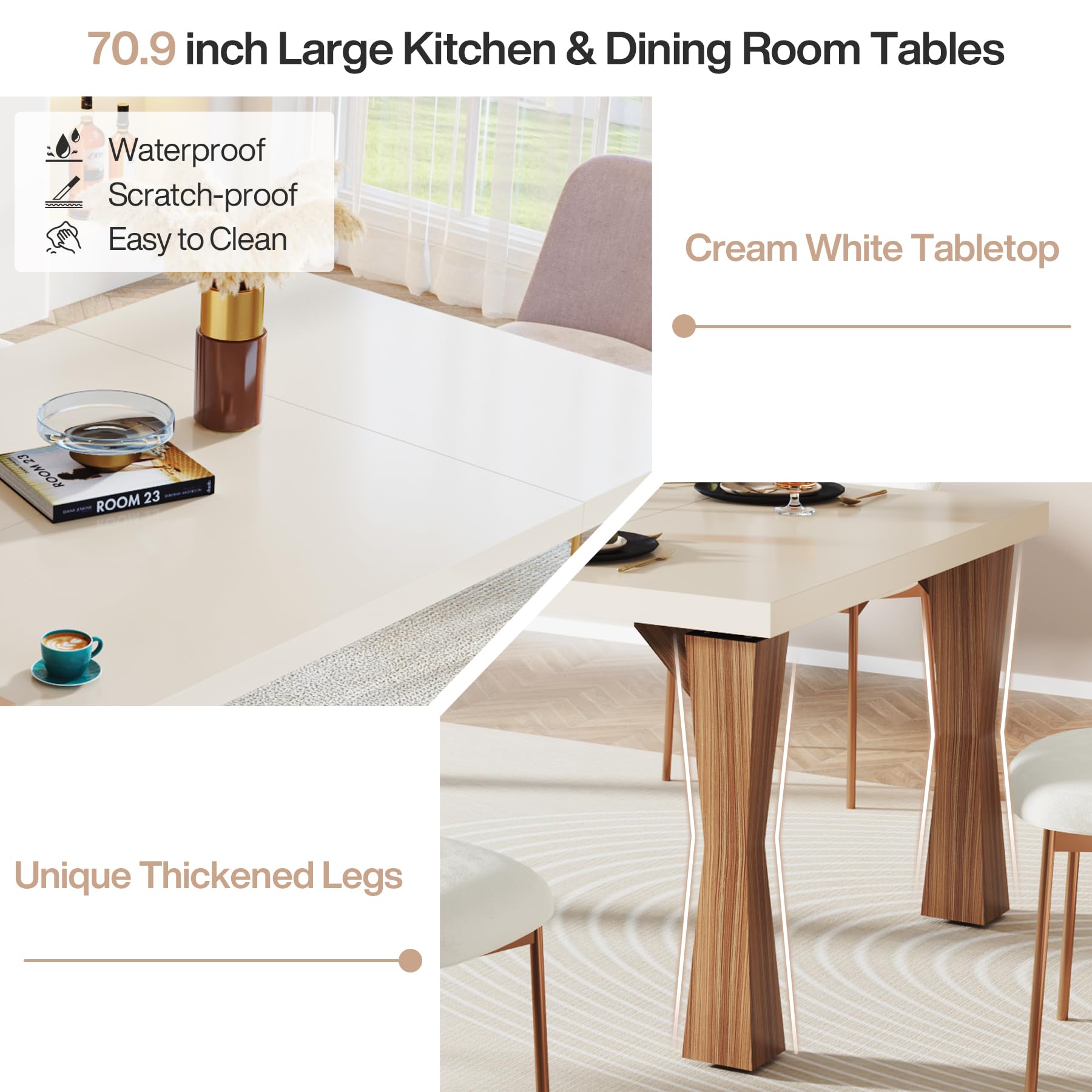 Modern Dining Table for 6-8 People, 180cm Large Kitchen Table with Sturdy Legs, Rectangle Dinner Table Kitchen & Dining Room Furniture, Light Cream White