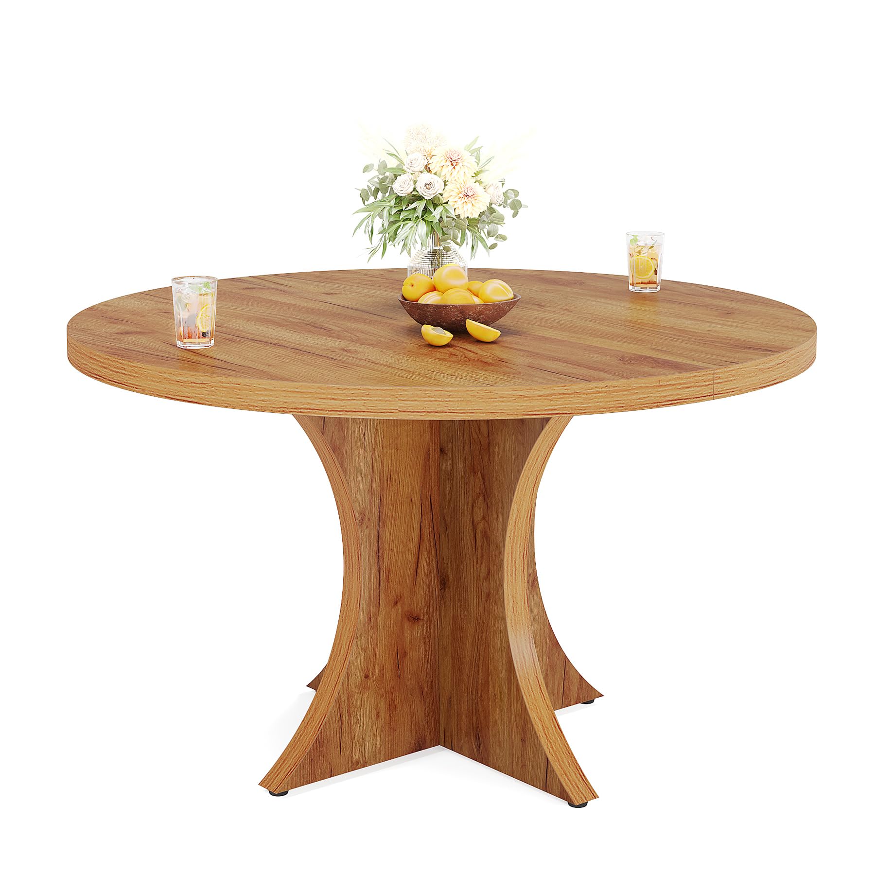 Round Dining Table for 4-6, 119cm Inch Farmhouse Kitchen Table, Wood Dining Table with Pedestal Base, Small Dinner Table for Dining Room,Living Room, Small Space, Brown