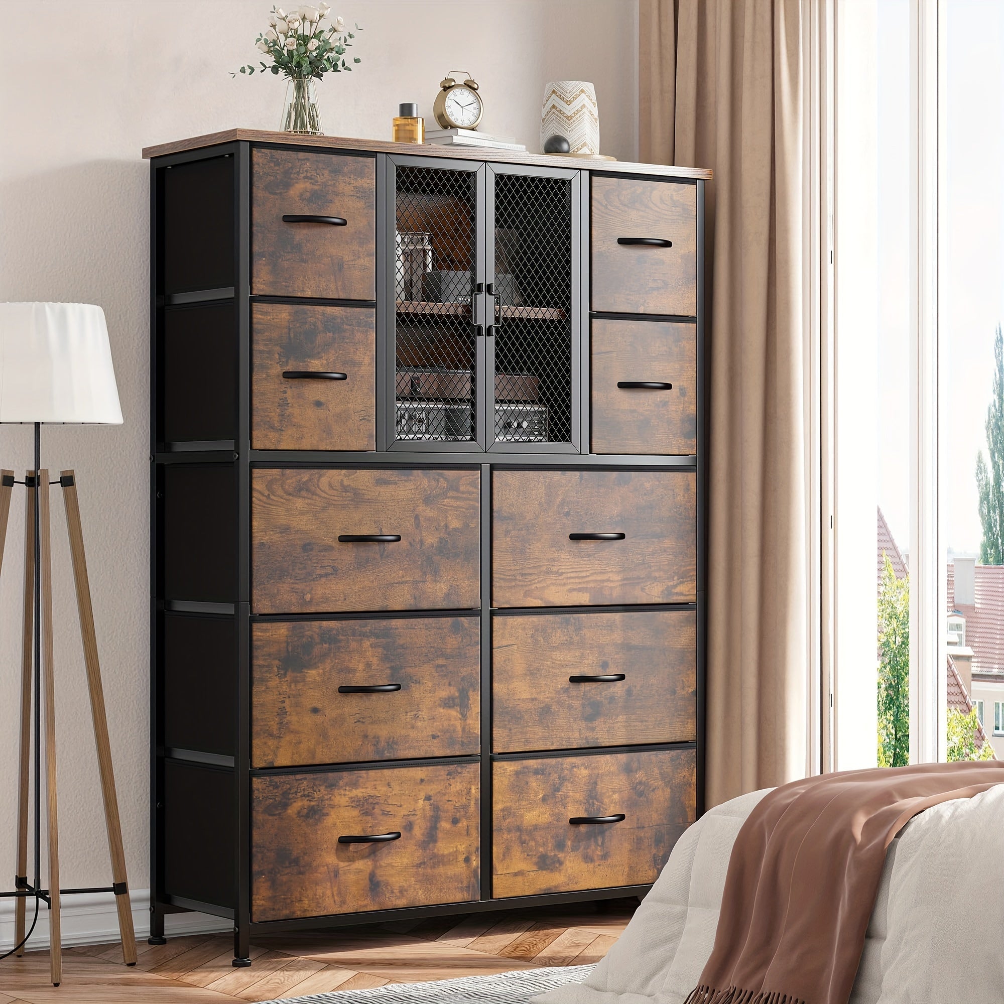 Modern Tall Dresser with Mesh Door - 10 Fabric Drawers Metal Frame Wood Top Organizer for Closet and Entryway 38’’