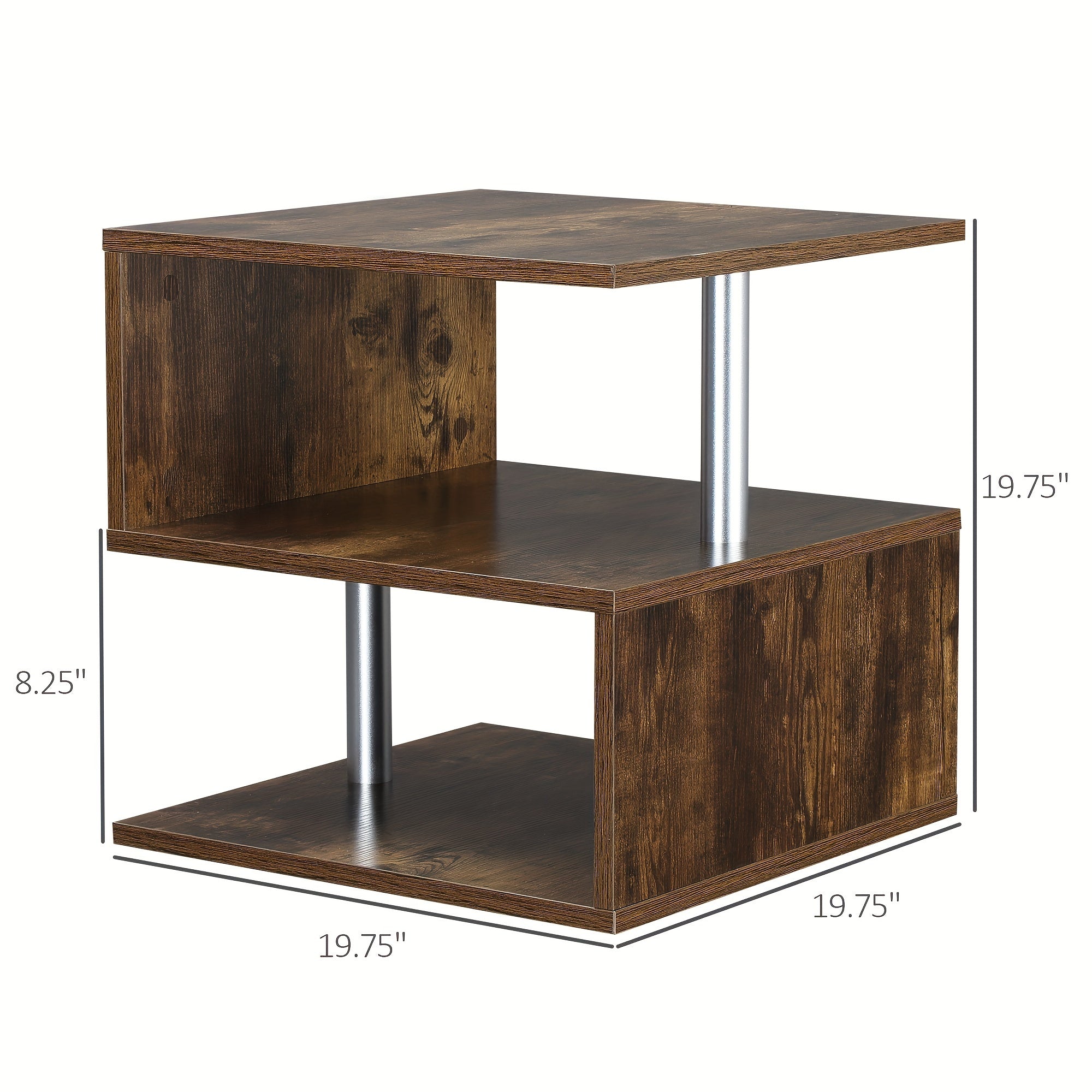 20" Modern End Table, Accent Side Table, S-Shaped Coffee Table With Storage Shelf And Steel Poles, Rustic Brown