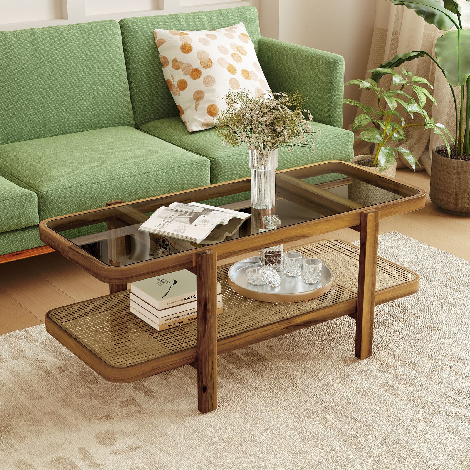 2-Tier Coffee Table with Storage Rustic Center Table with Tempered Glass Tabletop PE Rattan Shelf & Acacia Wood Frame