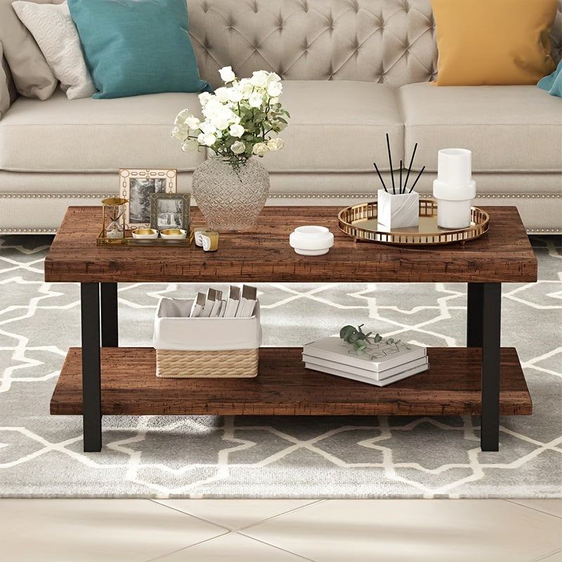 1pc 2-Tier Brown Coffee Table With Storage Shelf, 110cm/43.3inch Metal Cocktail Table, Home Tea Table, Center Table, For Living Room, Rectangle