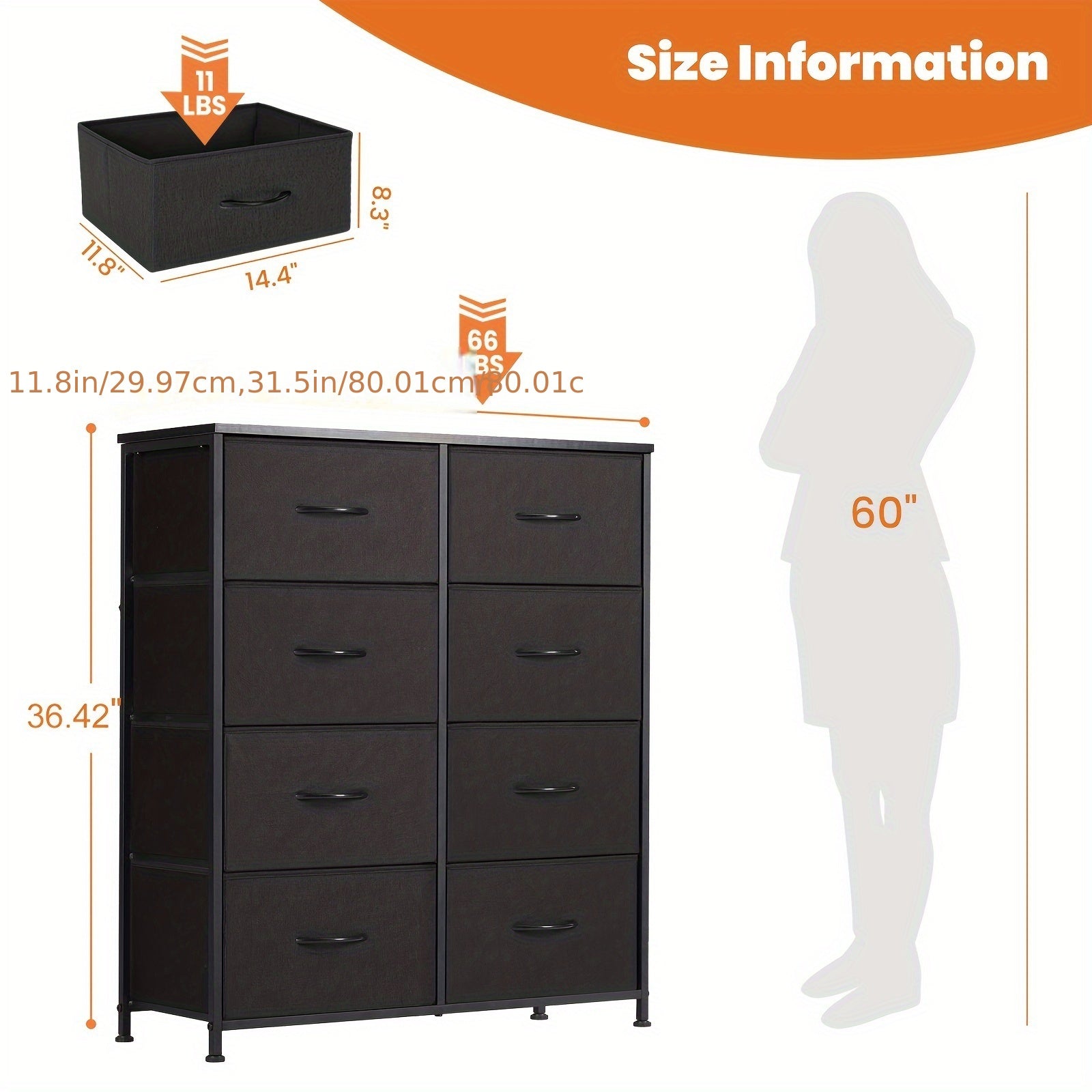 Dresser for Bedroom Drawer Organizer Storage 8 Drawers Fabric Storage Tower Chest of Drawers with Steel Frame Wood Top