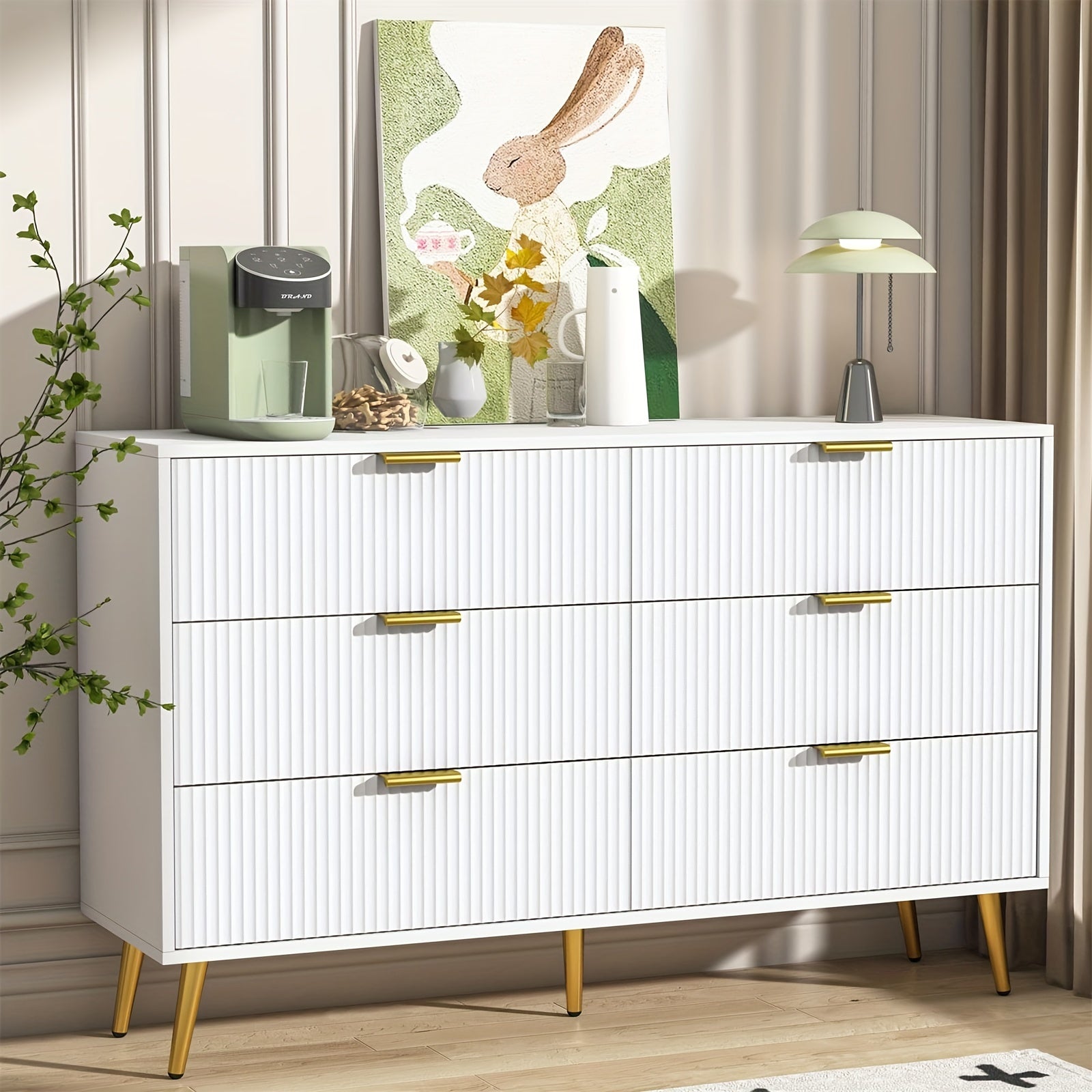 6 Drawer Double Dresser, Modern Dressers Chest of Drawers with Fluted Panel, Wide Wood Storage Dresser Organizer, Dresser TV Stand Cabinet for Bedroom, Living Room