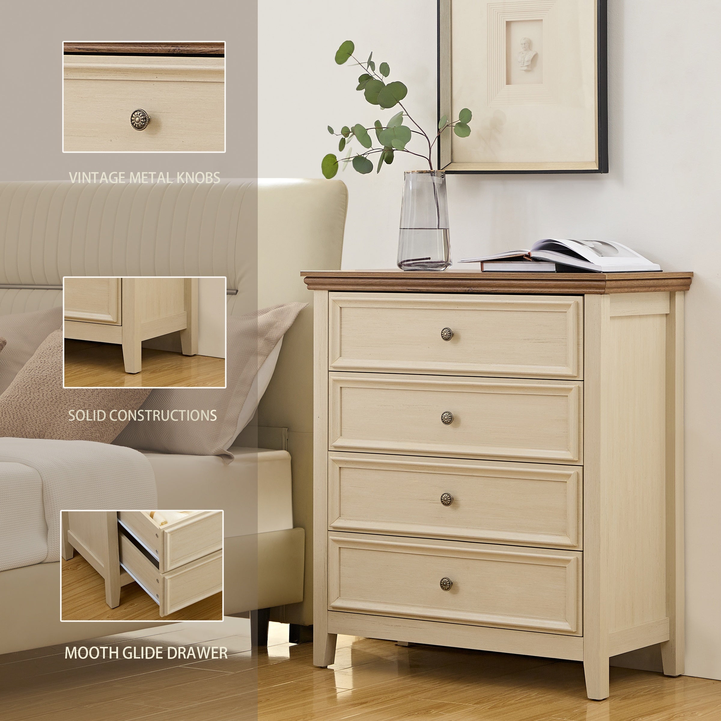 Beige Dresser for Bedroom, 4 Chest of Drawers, Modern Drawer Dresser, Wooden Beige Closet Dresser for living room, hallway