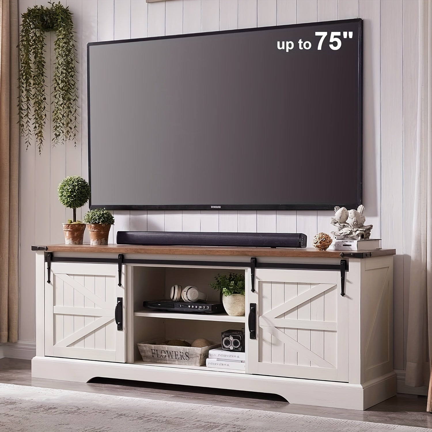 Farmhouse TV Stand for 75 Inch TV, Rustic Entertainment Center w/Sliding Barn Door Wood Media Console Cabinet 66 Inch Long Television Stands for 70 Inch TVs