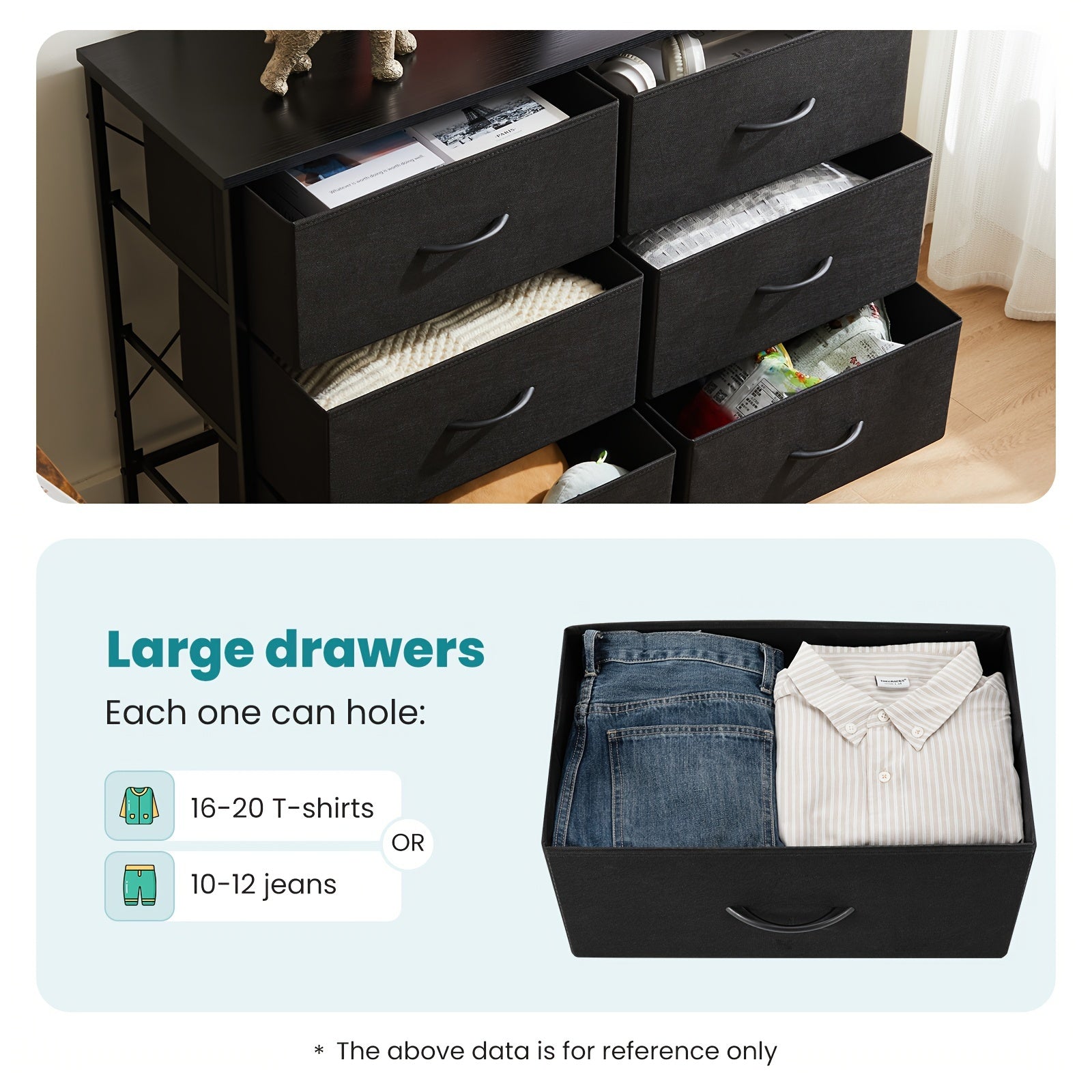 1pc/2pcs 6-Drawer Fabric Storage Tower Dresser Wooden Top TV Stand For 114cm Screen Chest Of Drawers With Fabric Bins