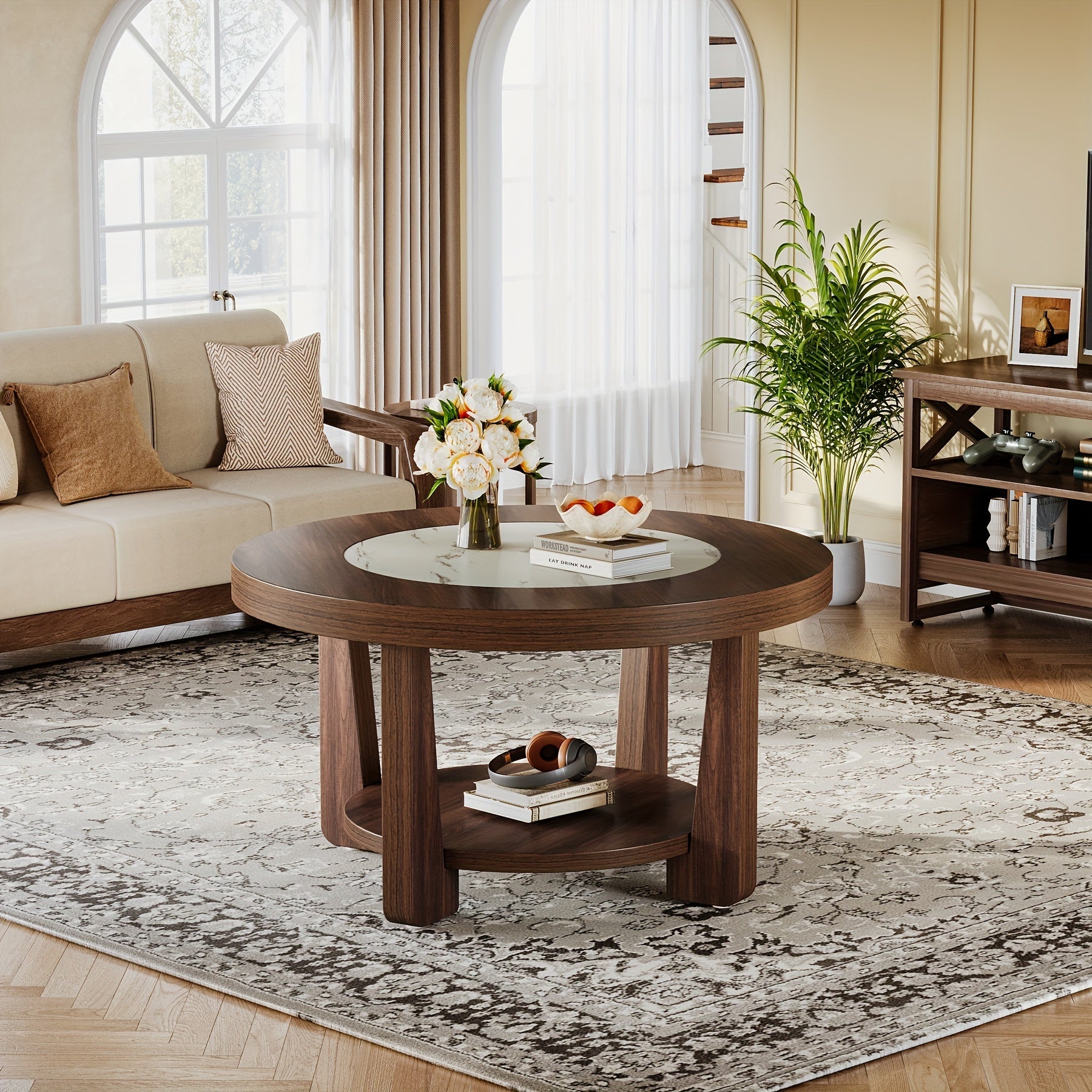 Wood Round Coffee Table With Storage, 2-Tier Industrial Circle Accent Center Table For Living Room