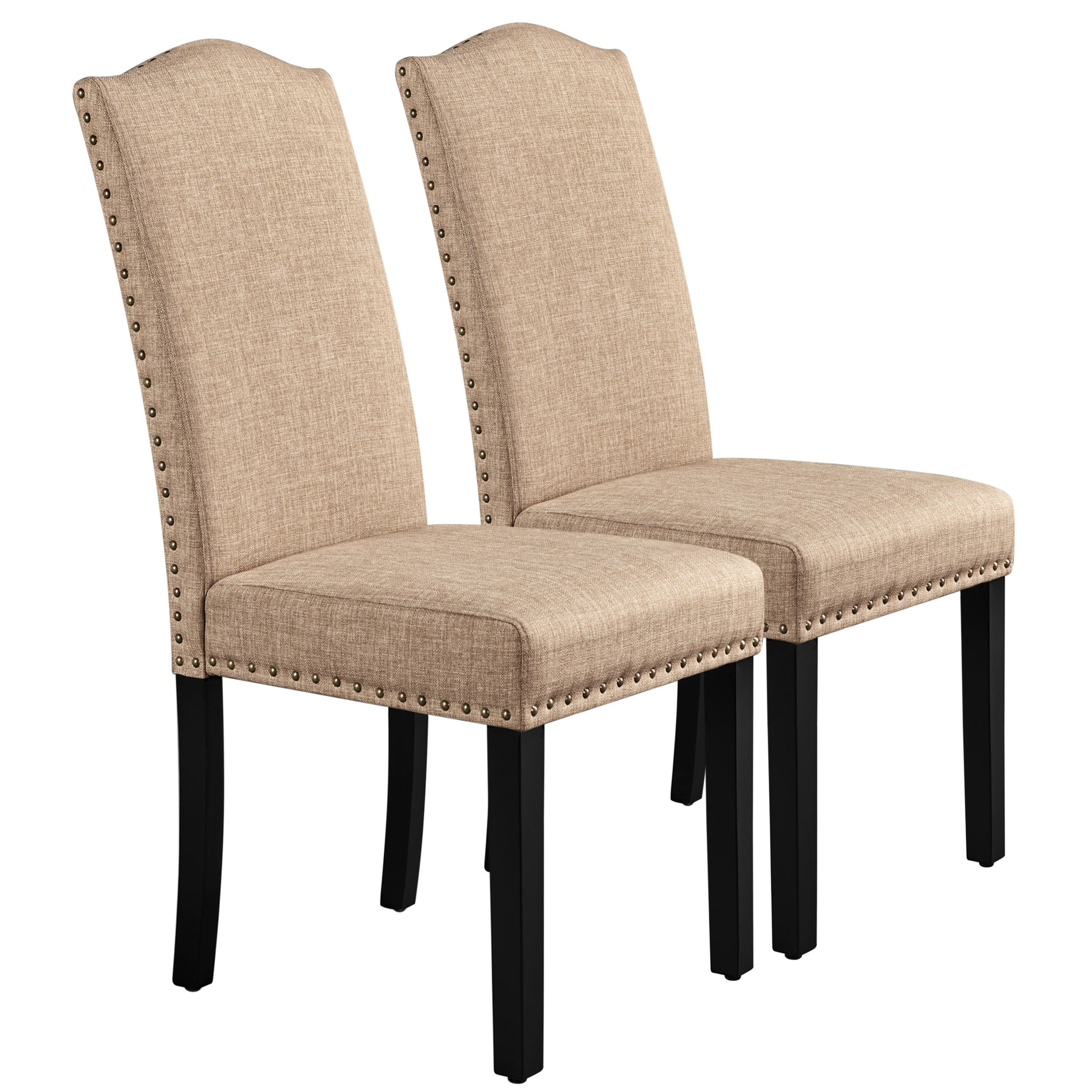 2pcs Classic Dining Chairs Fabric Upholstered Kitchen Chairs Tall Back Dining Room Side Chairs with Nailhead Trim Solid Wood Legs, Dark Gray/Khaki