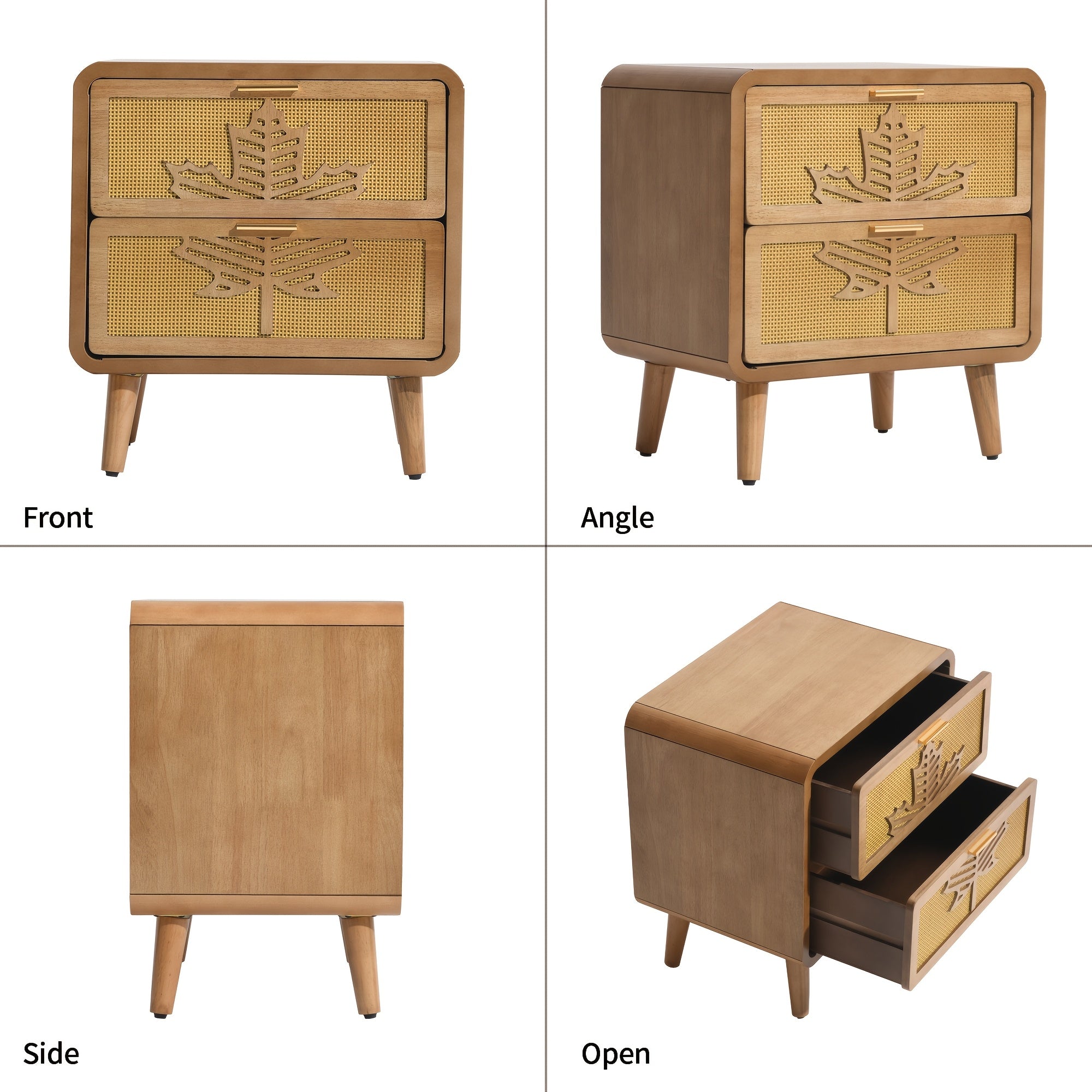 Mid-Century Modern Nightstand] Mid-Century Modern Nightstand with Rattan Accents and Maple Leaf Carving Solid Wood