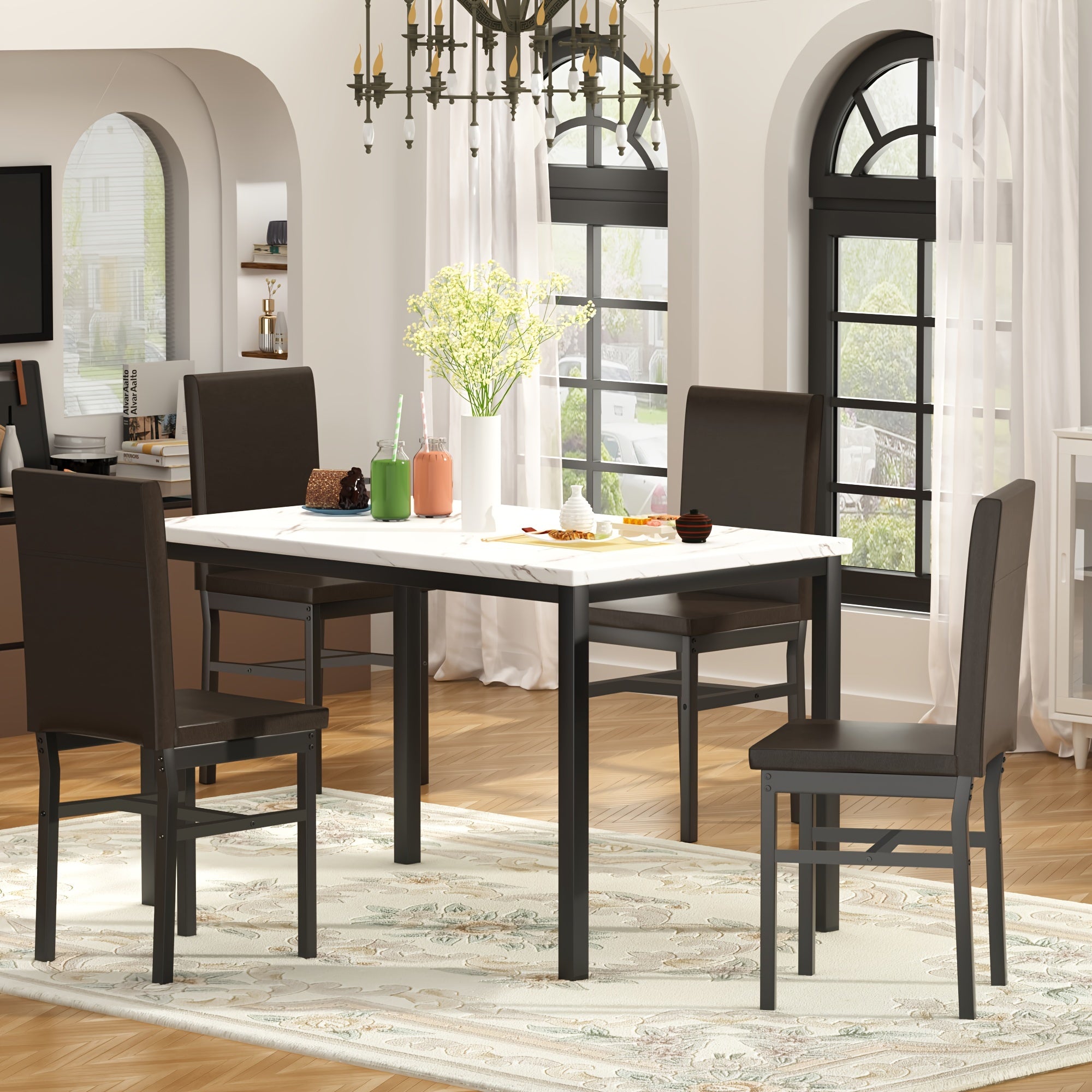 Modern Minimalist Style 5-Piece Dining Room Table Set with Faux Marble Tabletop, 4-Person Counter Height Dining Table Set with PU Leather Upholstered Chairs and Sturdy Metal Frame, Space Saving Design Bar Table Set for Living