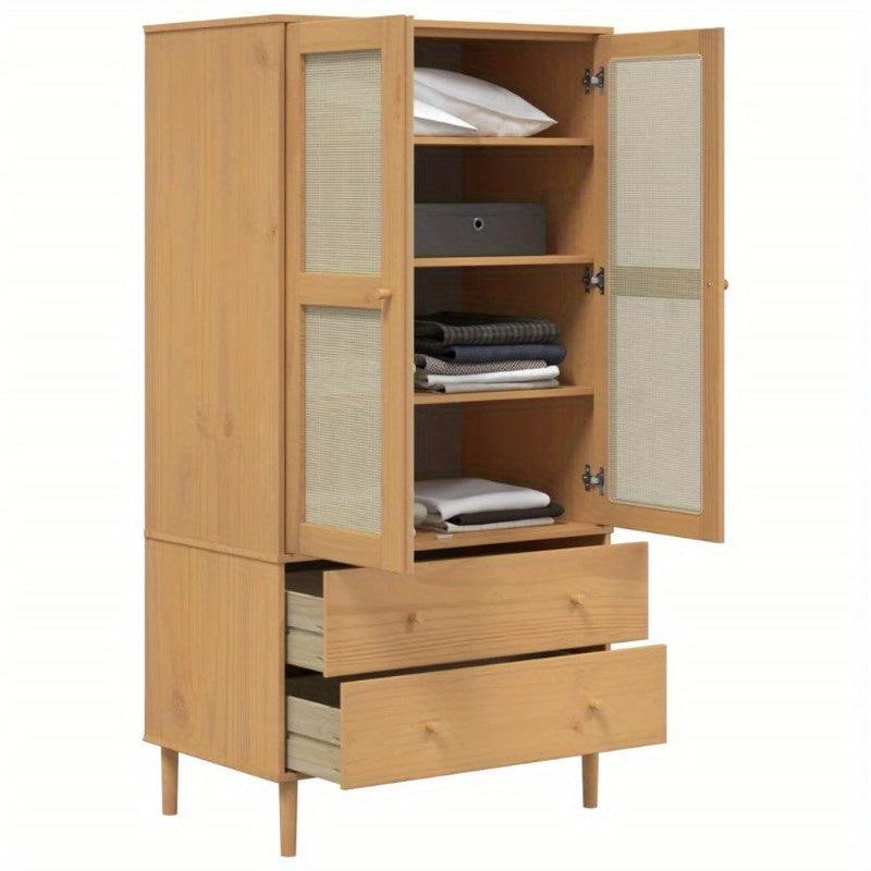 Wardrobe Rattan Look Brown 35.4"x21.7"x68.9" Solid Wood Pine, provides ample storage space, door surface is handcrafted cane