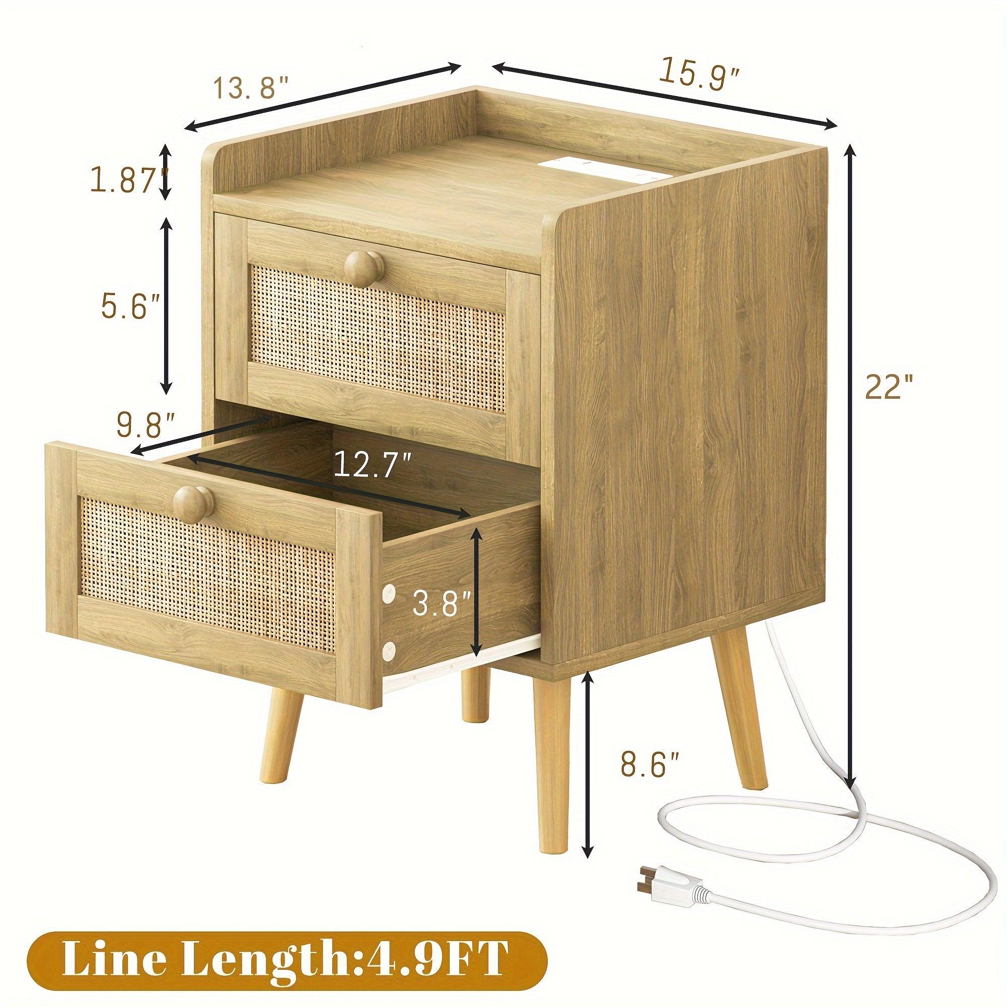 2pcs Rattan Nightstand Set With Charging Station, Boho Wooden End Table With 2 Drawers and Solid Wood Legs, Natural Bedside Tables For Living Room, Bedroom, Dorm Room