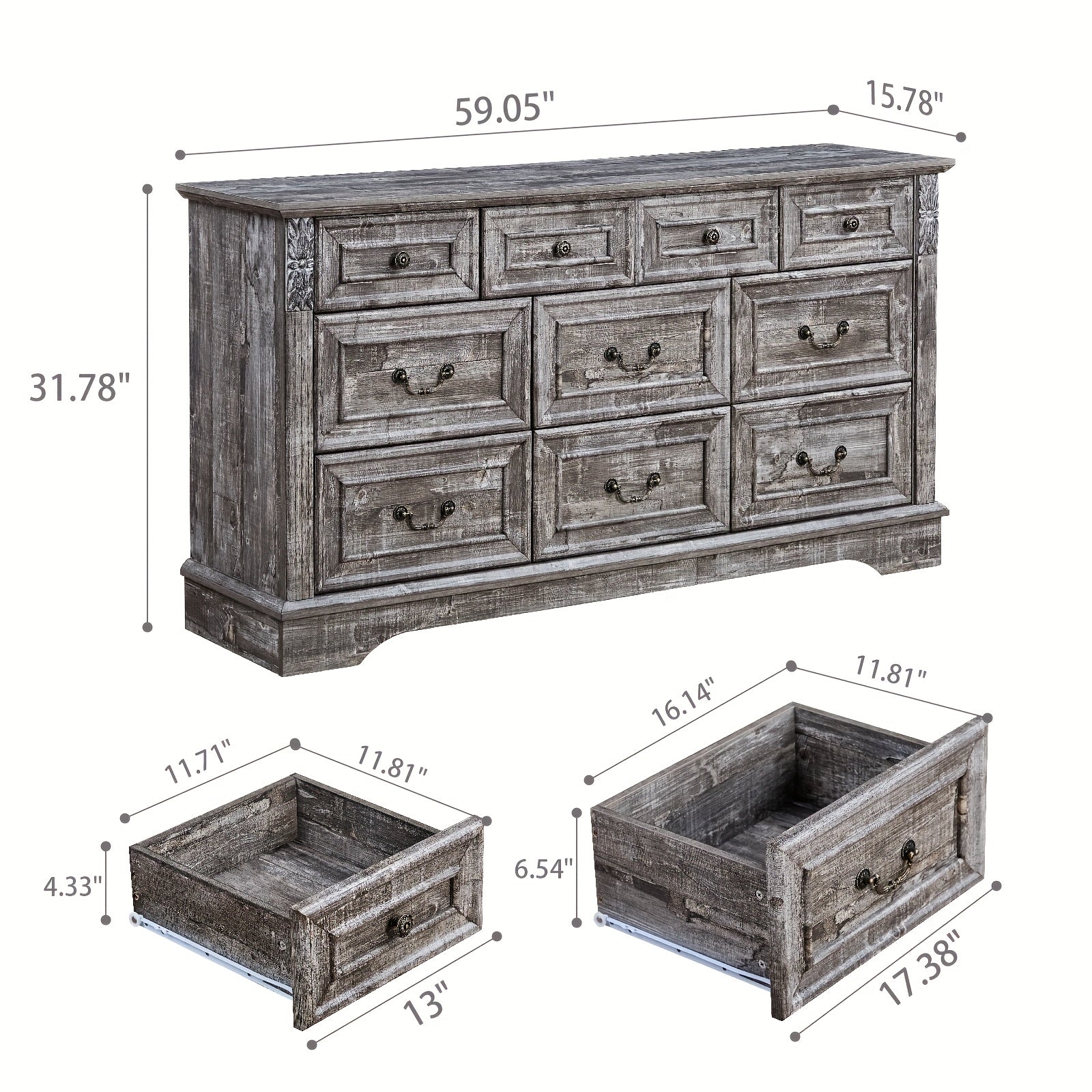 Farmhouse Dresser For Bedroom, 54" Wide 7 Drawers Dresser, Wood Dresser For Bedroom, Grey 10 Chest Of Drawers With Thickened Wood Carving For Closet, Hallway