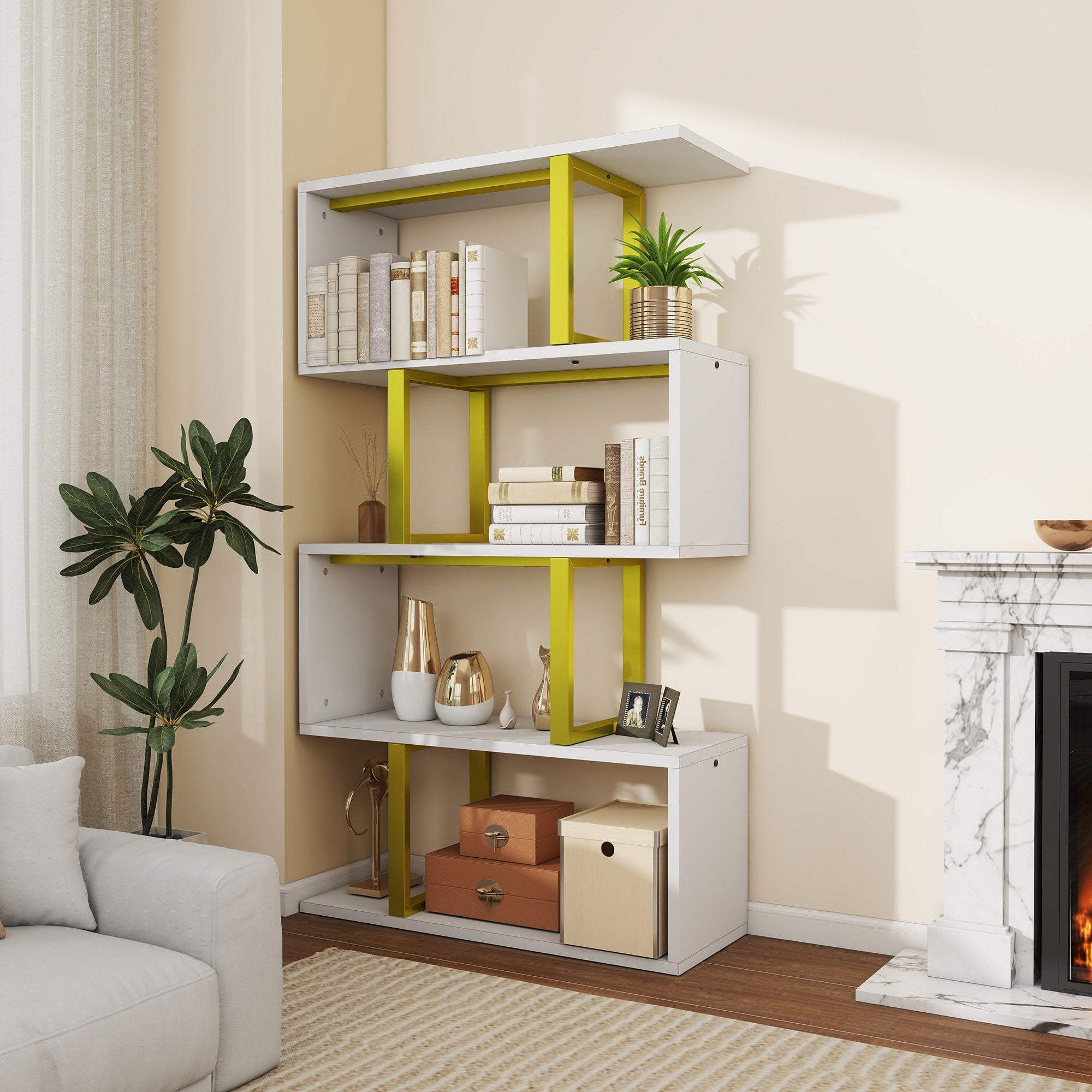 5 Tier S- Shaped Bookcase Bookshelf Freestanding Display Shelf For Home Office - white + gold - Bookshelf Westberry