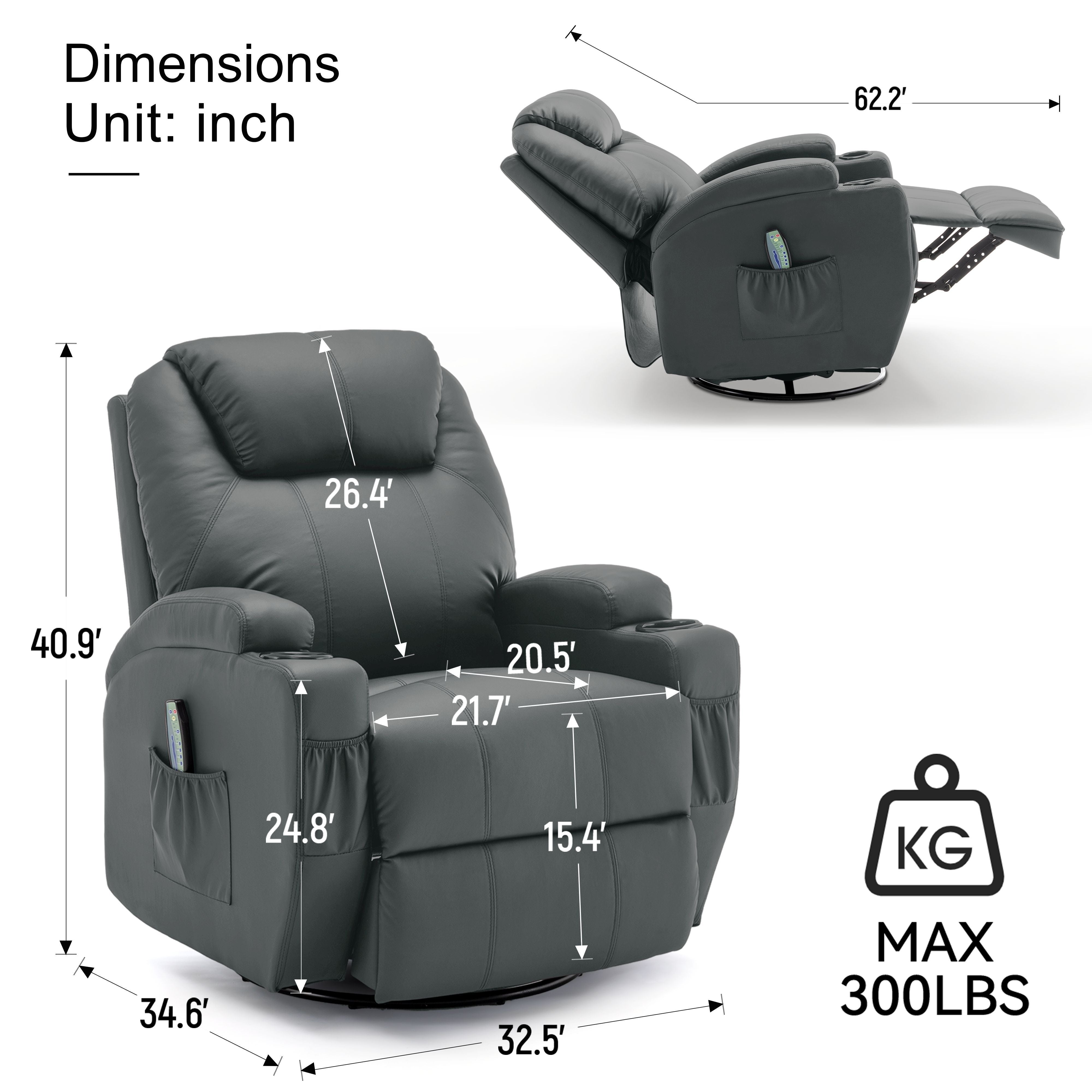 Recliner Chair, Rocking Chair With Massage And Heat, 360° Swivel Recliner Chairs For Adults, Rocker Manual Recliner With Remote Control And Cup Holder For Living Room, Bedroom, Gray, Manual