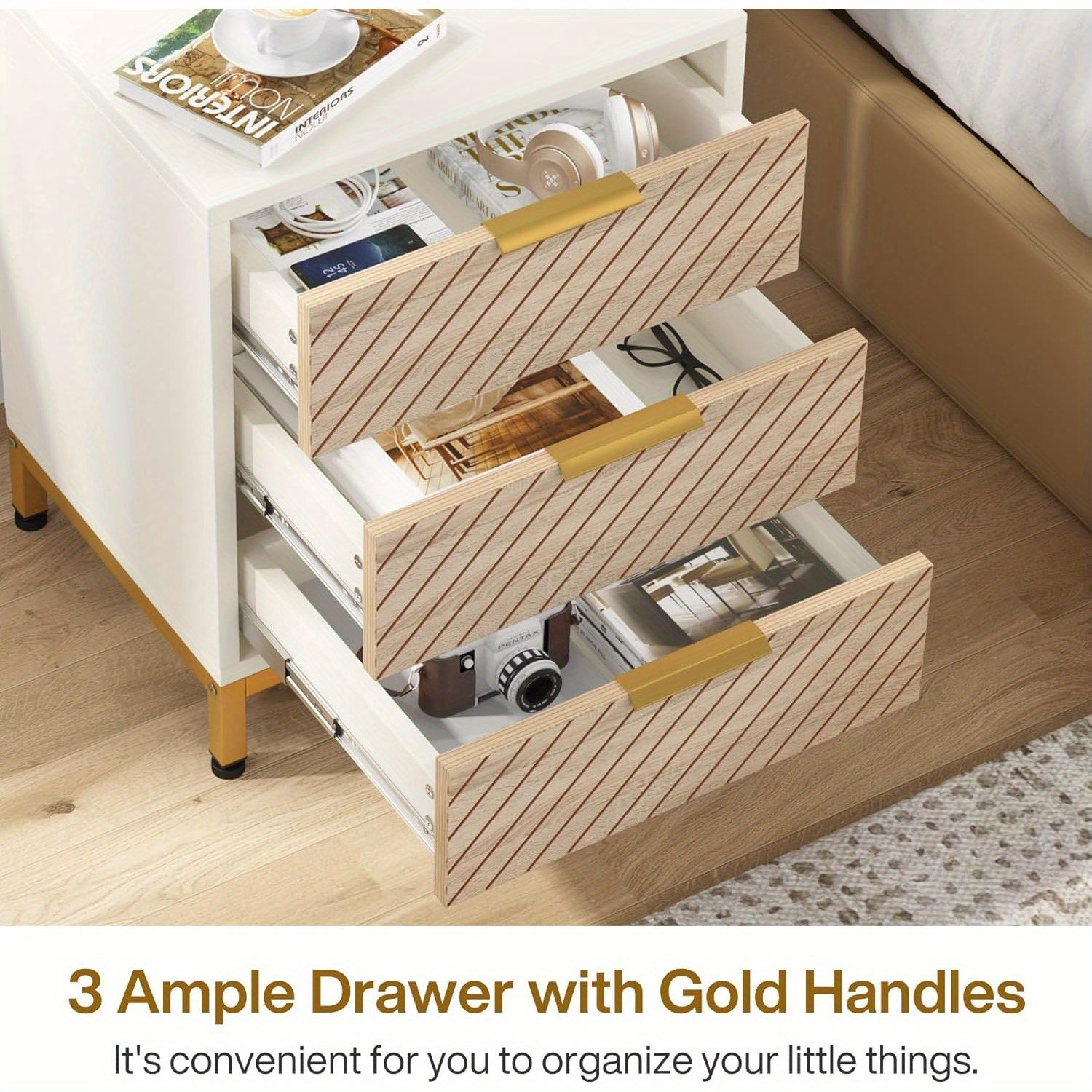 Elegant White & Golden 3-storage compartment Nightstand, Adjustable Feet, Spacious Storage for Bedroom Essentials, Box, Cabinet, Rack for Outdoor Storage