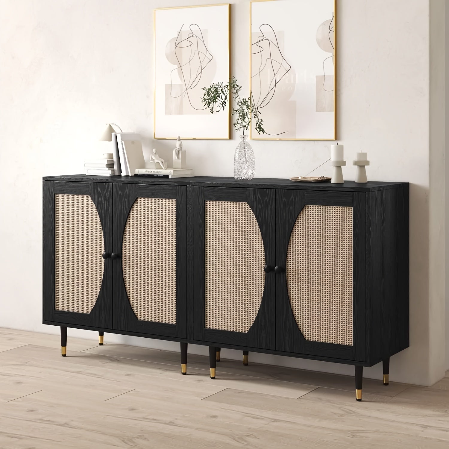 BlackSideboard Cabinet, Rattan Sideboard with Natural Rattan Doors, Black Rattan Console Table with Storage, Modern Accent Buffet Cabinet with Adjustable Shelves for Living Dining Room