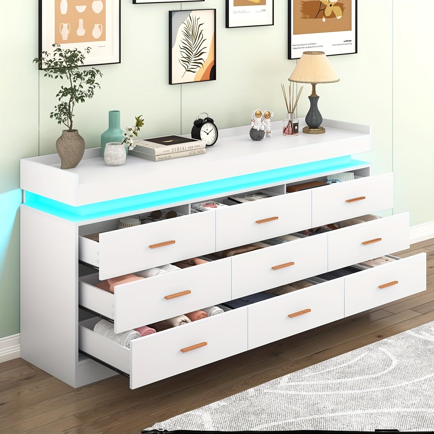 9 Drawer Dresser With LED Light Modern Chest Of Drawers For Closet Wide Drawer Organizer Cabinet For Bedroom Living