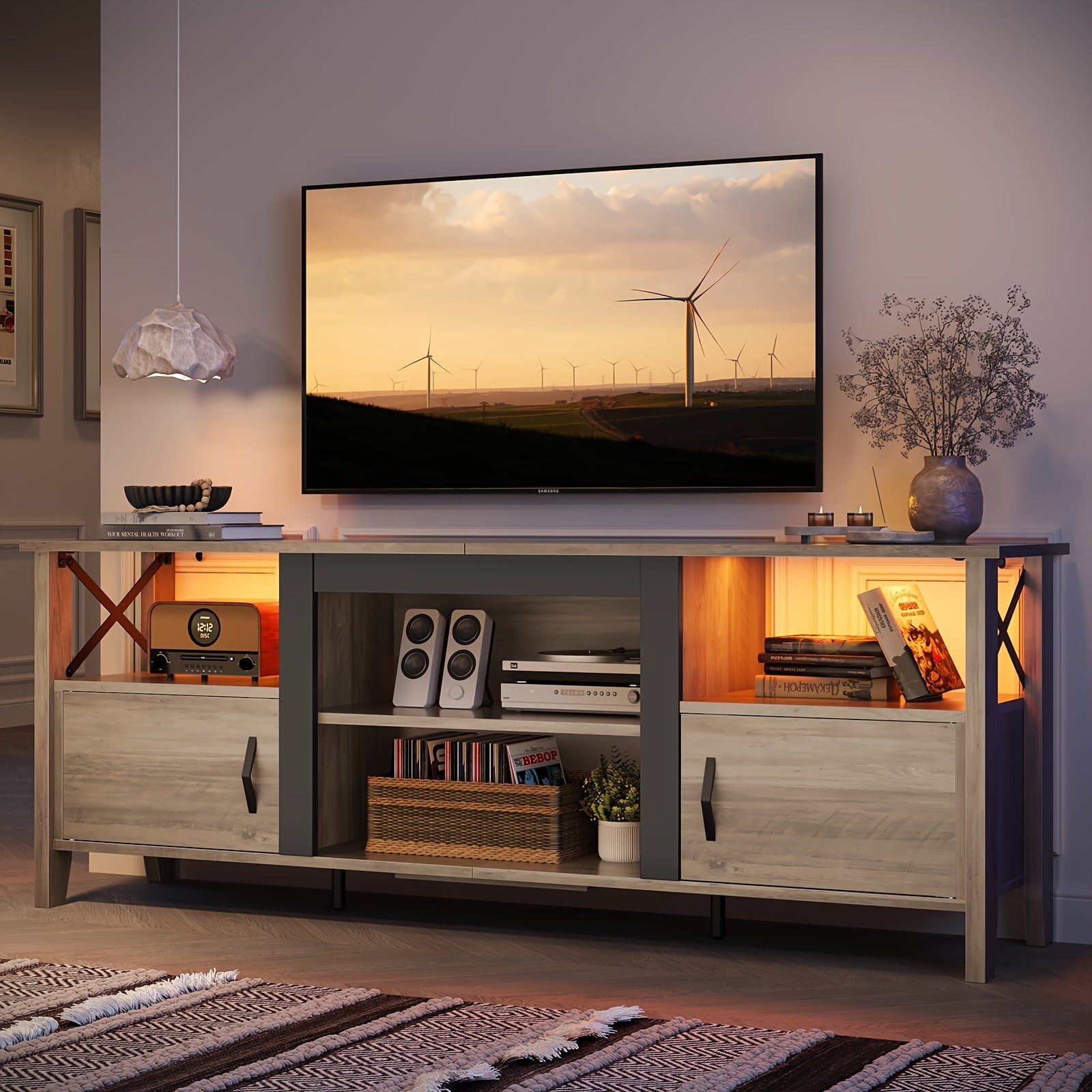 Farmhouse TV Stand For 70 Inch TV, Gaming Entertainment Center With LED Lights, 63'' Inch TV Console With 2 Storage Cabinets And Shelf For Living Room, Sturdy, Easy To Assemble - Perfect For Living Room