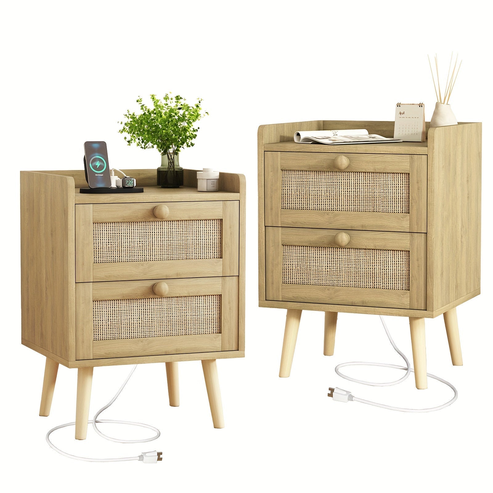 2pcs Rattan Nightstand Set With Charging Station, Boho Wooden End Table With 2 Drawers and Solid Wood Legs, Natural Bedside Tables For Living Room, Bedroom, Dorm Room