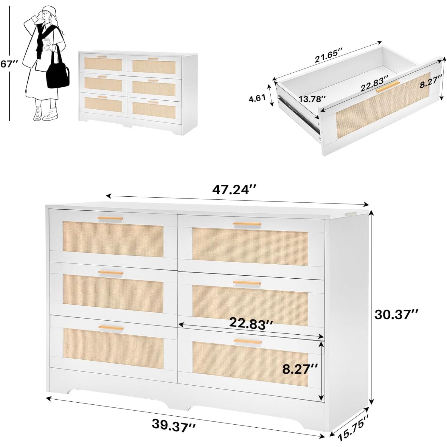 Natural Rattan Dresser for Bedroom, 6 Drawer Rattan Dresser with Gold Handles 30" Tall Double Dresser 40" Wide Wood Storage Closet Dressers Chest of Drawers for Bedroom, Living Room, Hallway