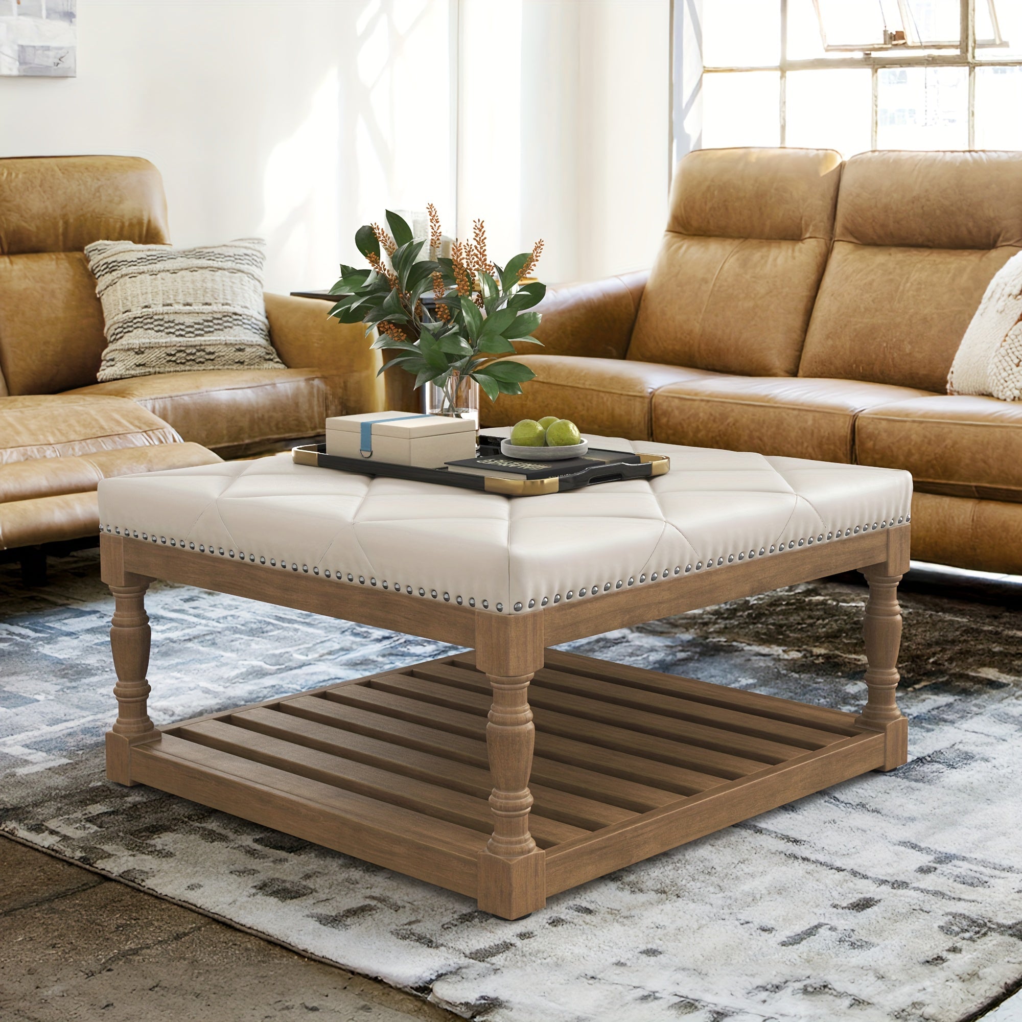 1PC Ottoman Coffee Table, Rustic Faux Leather/Polyester Upholstered Tufted Wood Coffee Tables, Large Square Ottoman With 2-Tier Storage Shelf Sofa Table, Cocktail Table For Living Room