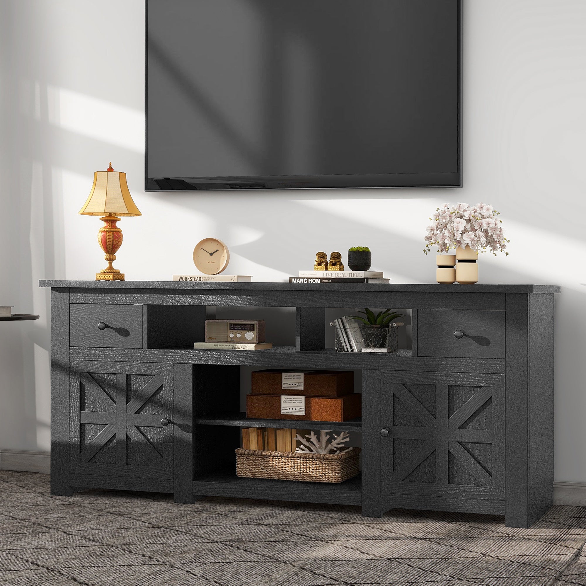 Farmhouse Entertainment Center Wood TV Stand for 203cm TV Storage Hardwired Room Electrical Fireplace 110-130V