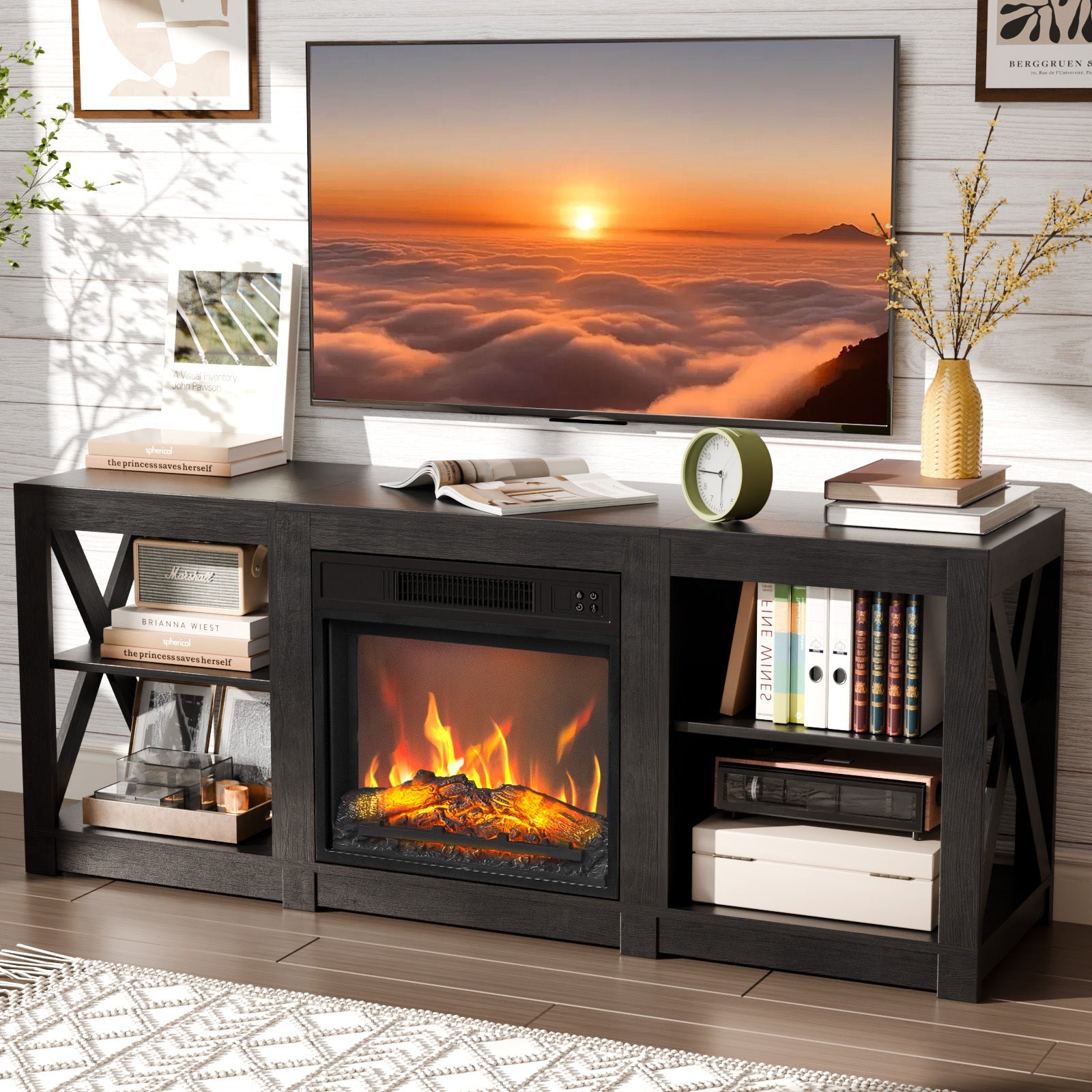 70" LED TV & Fireplace Entertainment Center with Glass Door Storage - Modern Rustic Console Table, Sturdy Construction, Easy Assembly, Perfect for Cozy Living Spaces, Tv Console for Living Room