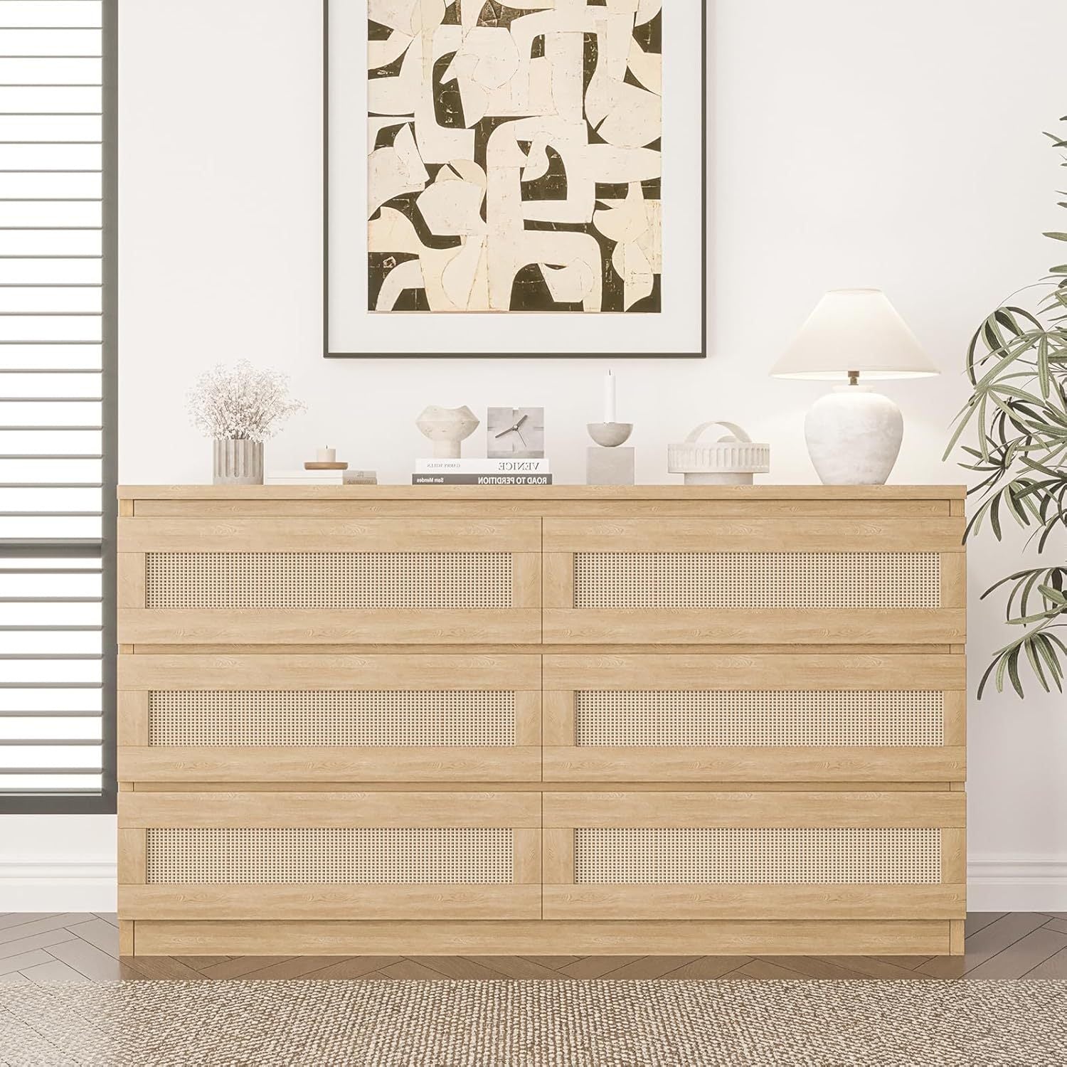 Rattan Dresser for Bedroom 6 Drawer Double Dresser for Bedroom with Smooth Mental Slide Modern Wood Chest of Drawers