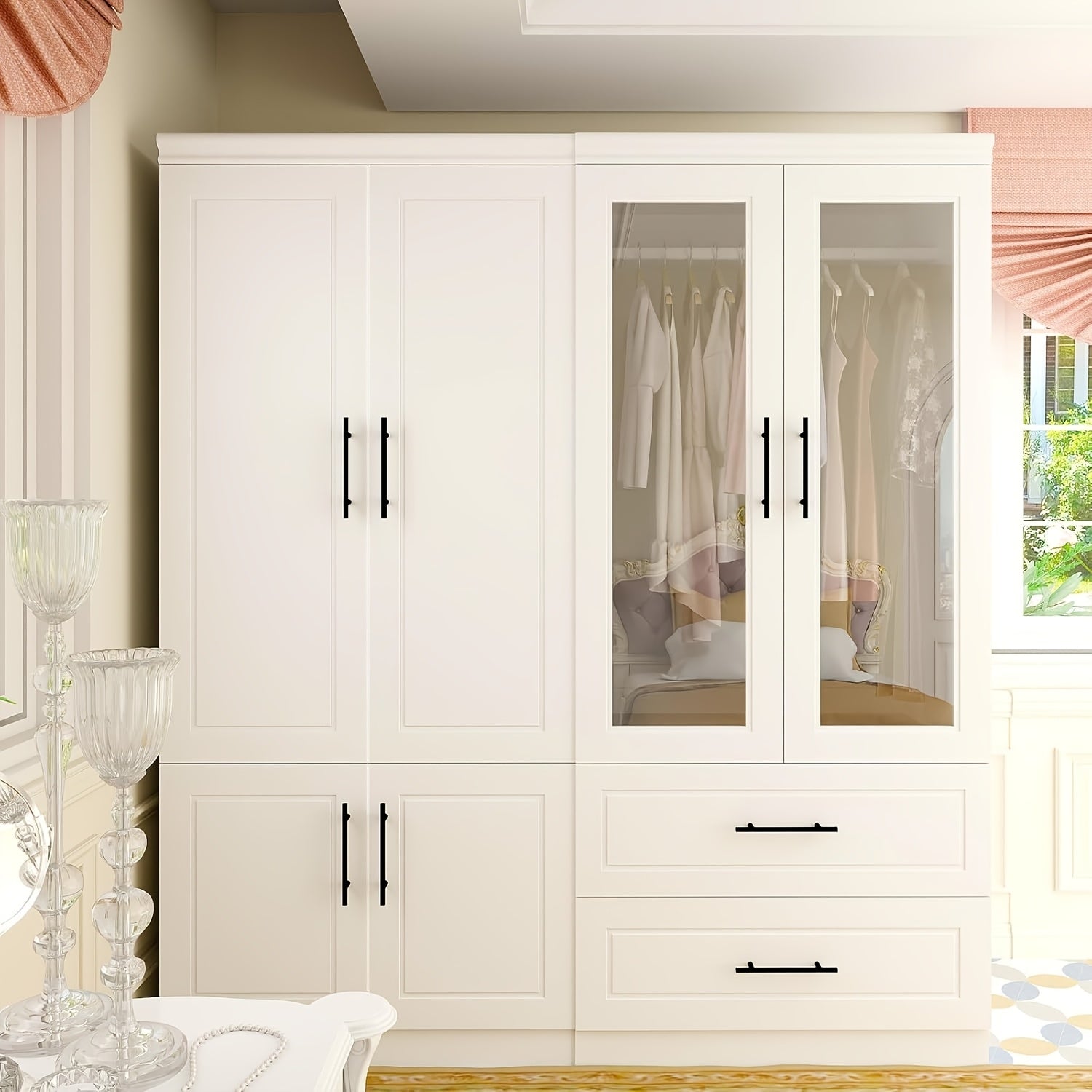 Armoire Wardrobe Closet, Wood Bedroom Armoires Wardrobe Cabinet with 4 Door 2 Drawers, Freestanding Tall Wardrobe Closet with Shelves And Hanging Rail