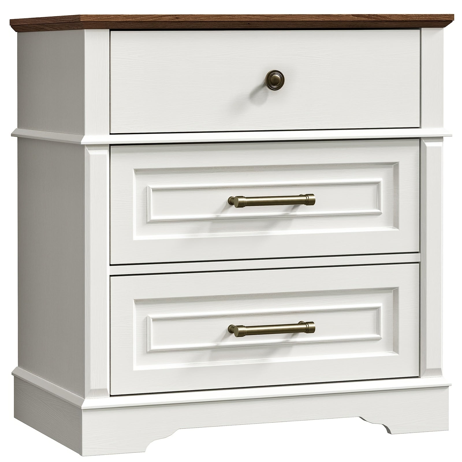 Large Nightstand with Charging Station, 27.6 Inch Wide End Table with 3 Drawers, Tall Bedside Table/Side Table, Farmhouse 3 Drawer Dresser for Bedroom, White And Walnut