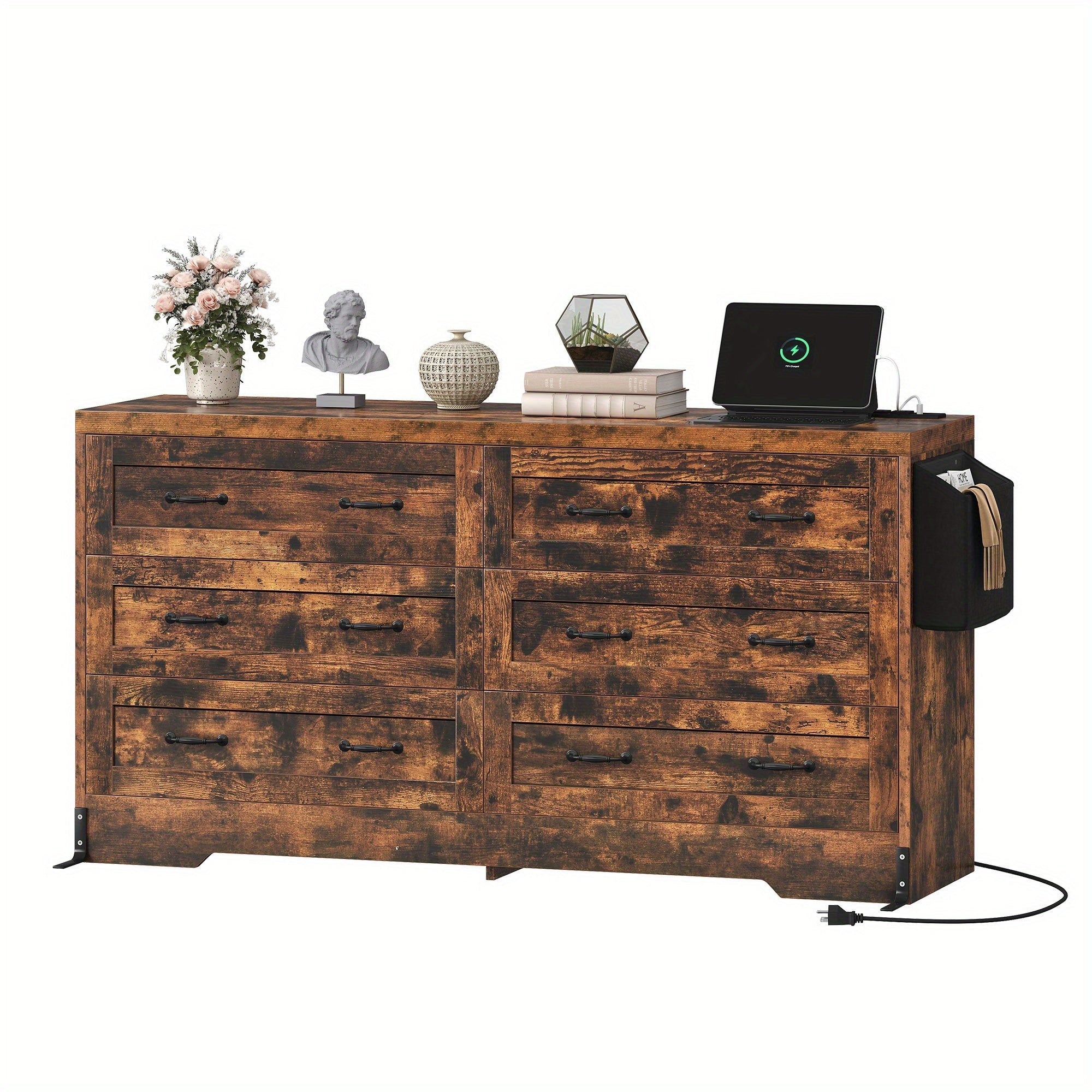 Rustic Brown Wood Dresser with Six Drawers, Charging Station, and Bag