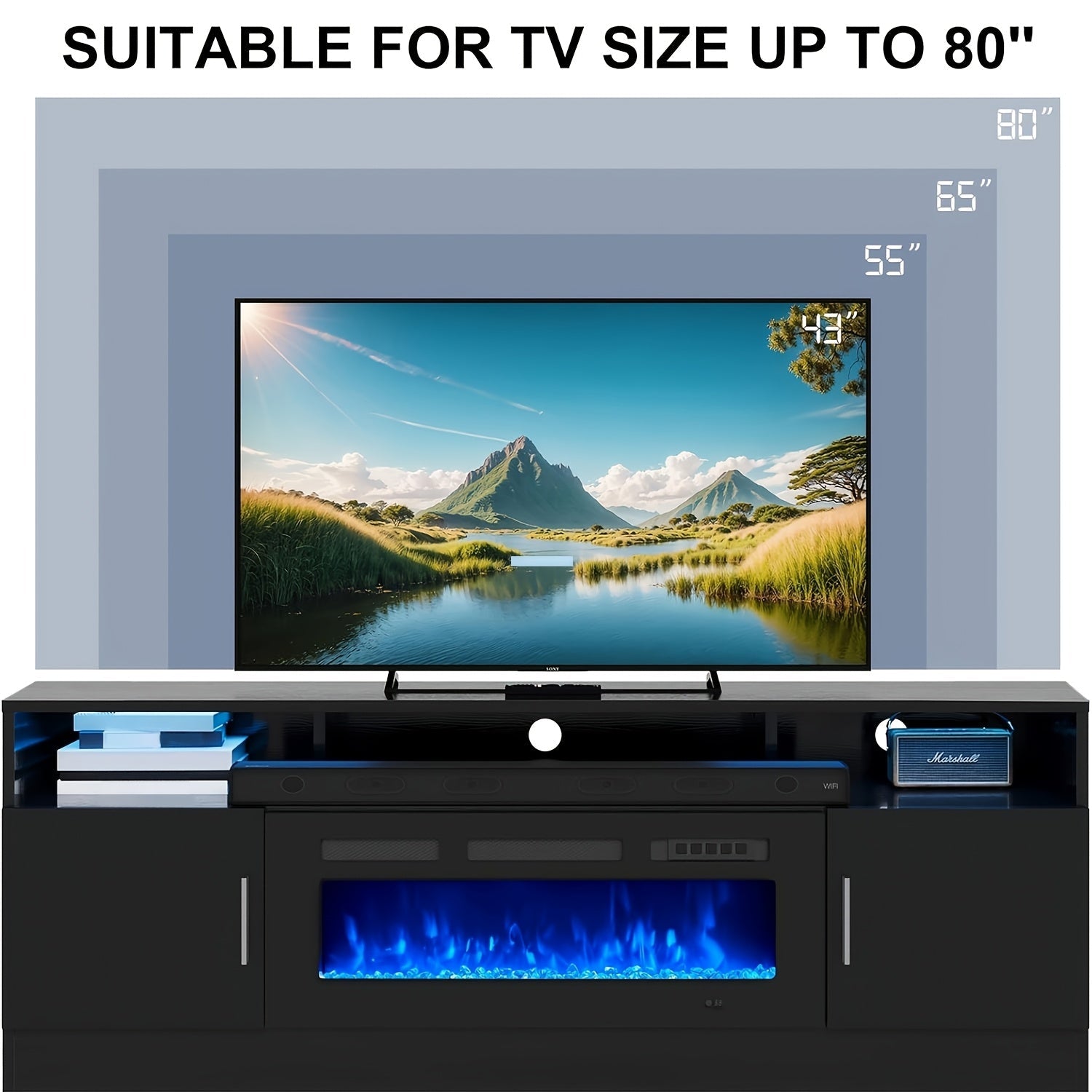 Fireplace TV Stand With 36" Electric Fireplace, 70" Fireplace Entertainment Center LED Lights, 2 Tier TV Console For TVs Up To 80", Black