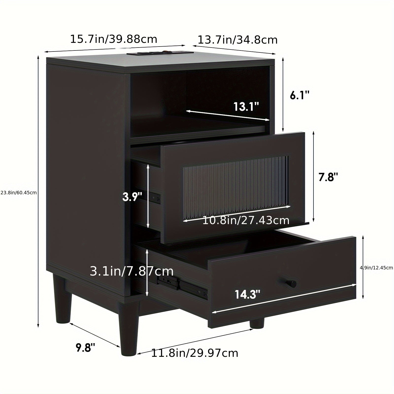 Nightstand with Charging Station, End Table with Glass Drawers, Night Stand with LED Lights, Wood Bedside Tables for Bedroom, 15.7"×13.7"×23.8"