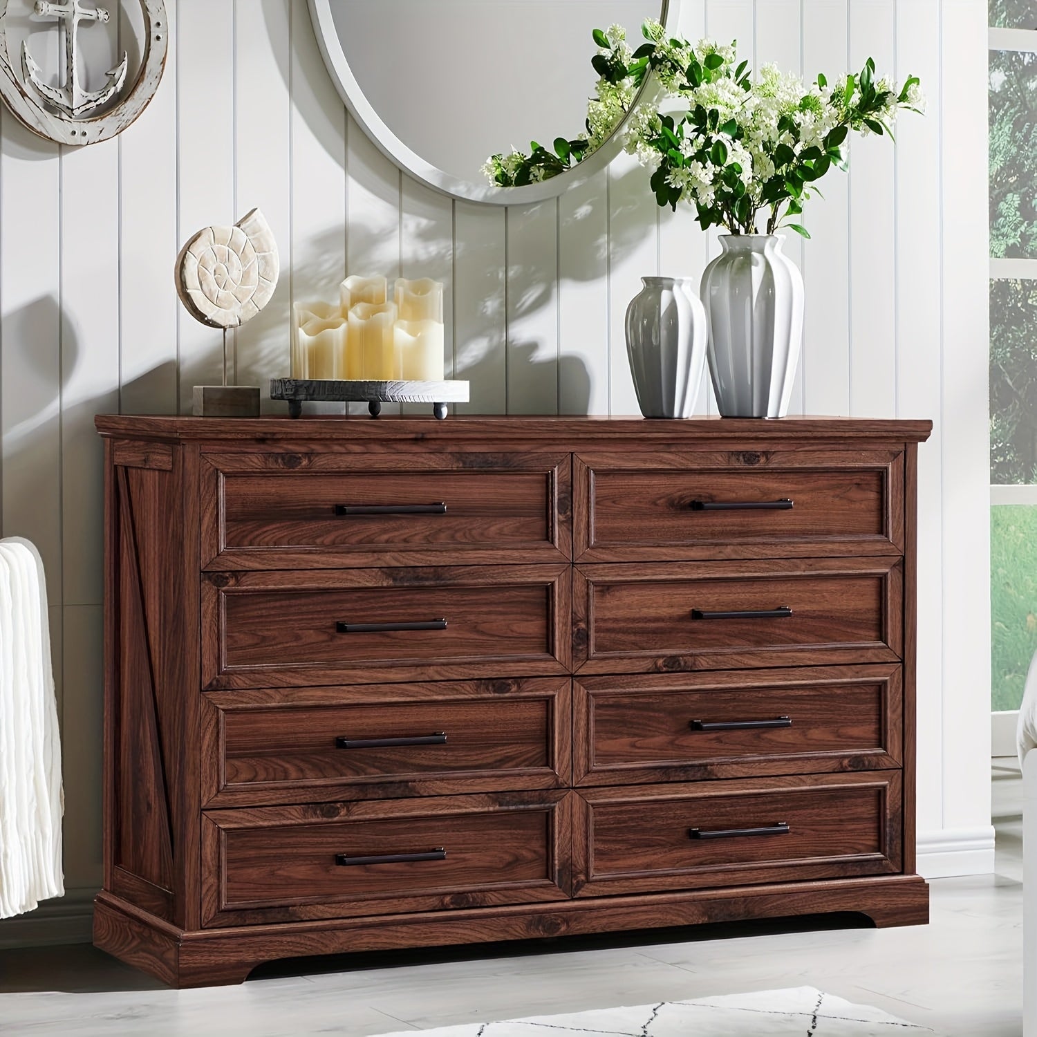 Farmhouse 8 Drawers Dresser Chests For Bedroom, 52" Wide Wood Rustic Chest Of Drawers With Metal Handle, Natural Texture, Drawer Organizer For Bedroom, Living Room, Hallway And Entryway