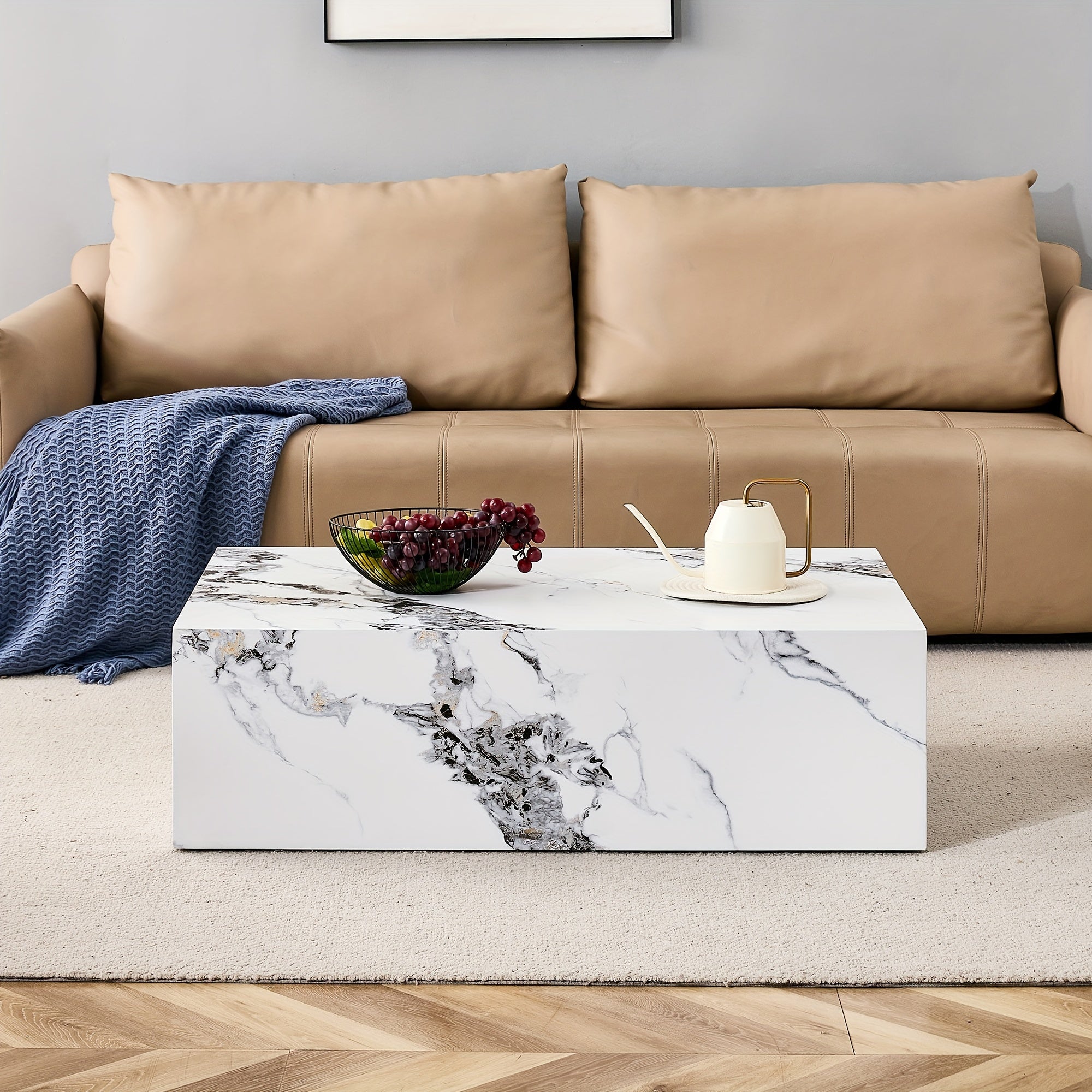 40 Inch Modern Coffee Table With Marble Pattern, Tea Table With Stylish And Durable Design For Living Room, Dining Room And Bedroom (White).