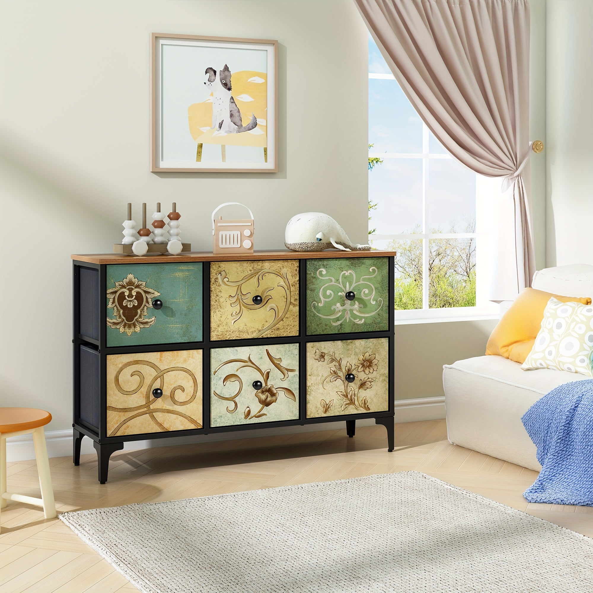 6 Drawer Dresser for Bedroom, Dresser for Closet, Sturdy Steel Frame, Wooden Top, 25.9'' H X 39.4'' W X 11.7'' D