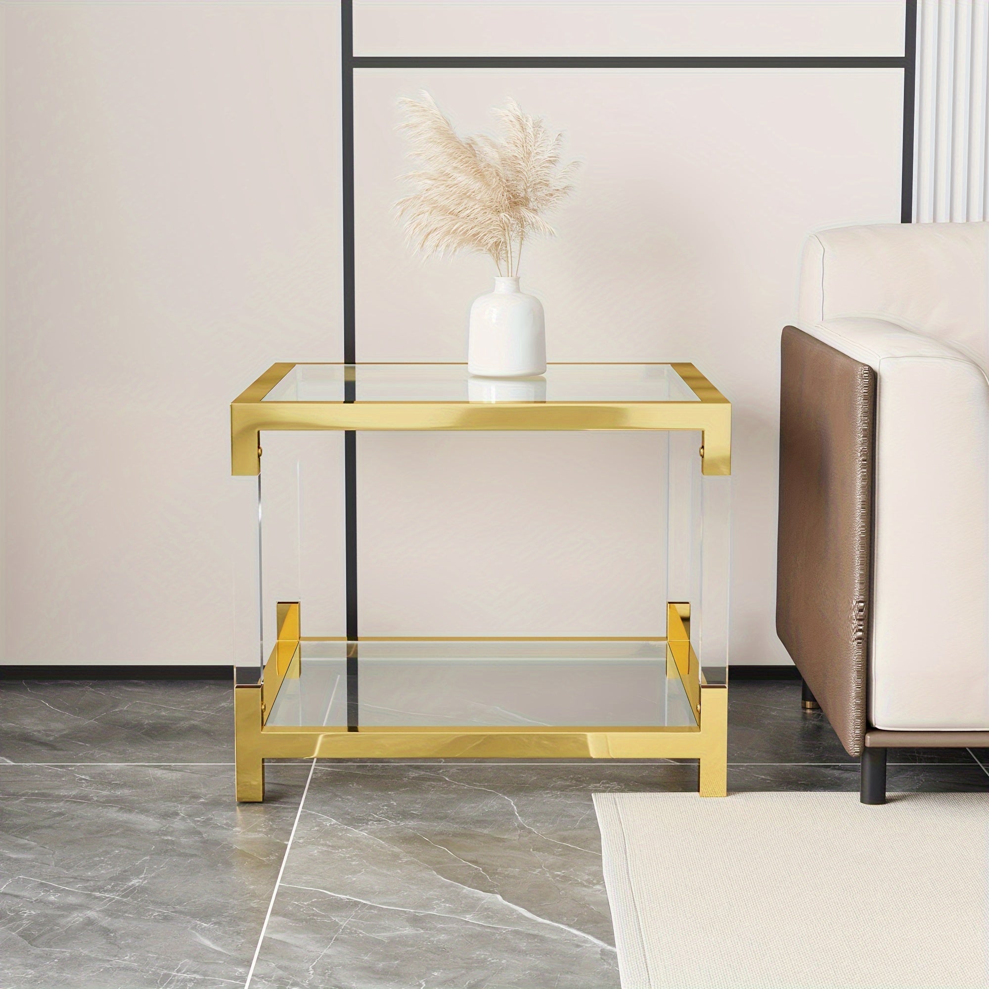 Modern Minimalist Style Coffee Table With High-quality Glass Tabletops, Gold Metal Frame And Transparent Acrylic Legs, Suitable For Living Room, Study, Office, Meeting Various Scene Needs.