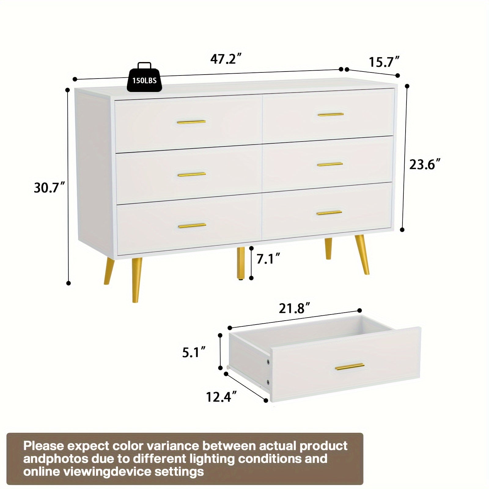 6-Drawer Dresser Modern Wooden Chest with Wide Drawers Golden Metal Handles Ample Storage ≥3.2 Cubic Feet Capacity
