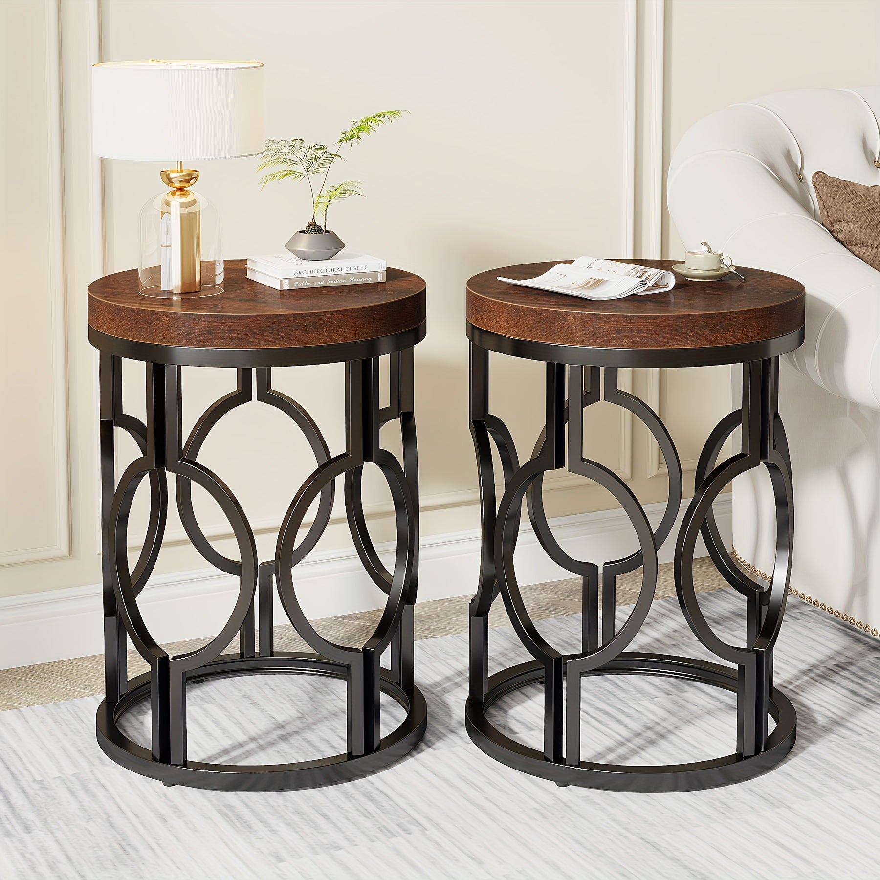 Round End Table, Industrial Side Table with Metal Hollow Frame, Small Bedside Table Nightstand for Living Room, Bedroom, Easy Assembly