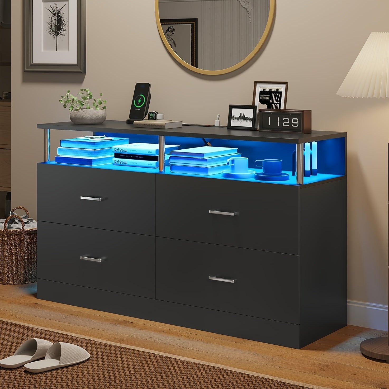 4 Drawers Dresser For Bedroom With Charging Station Dressers & Chests Of Drawers With Column Design 4 Drawer Modern