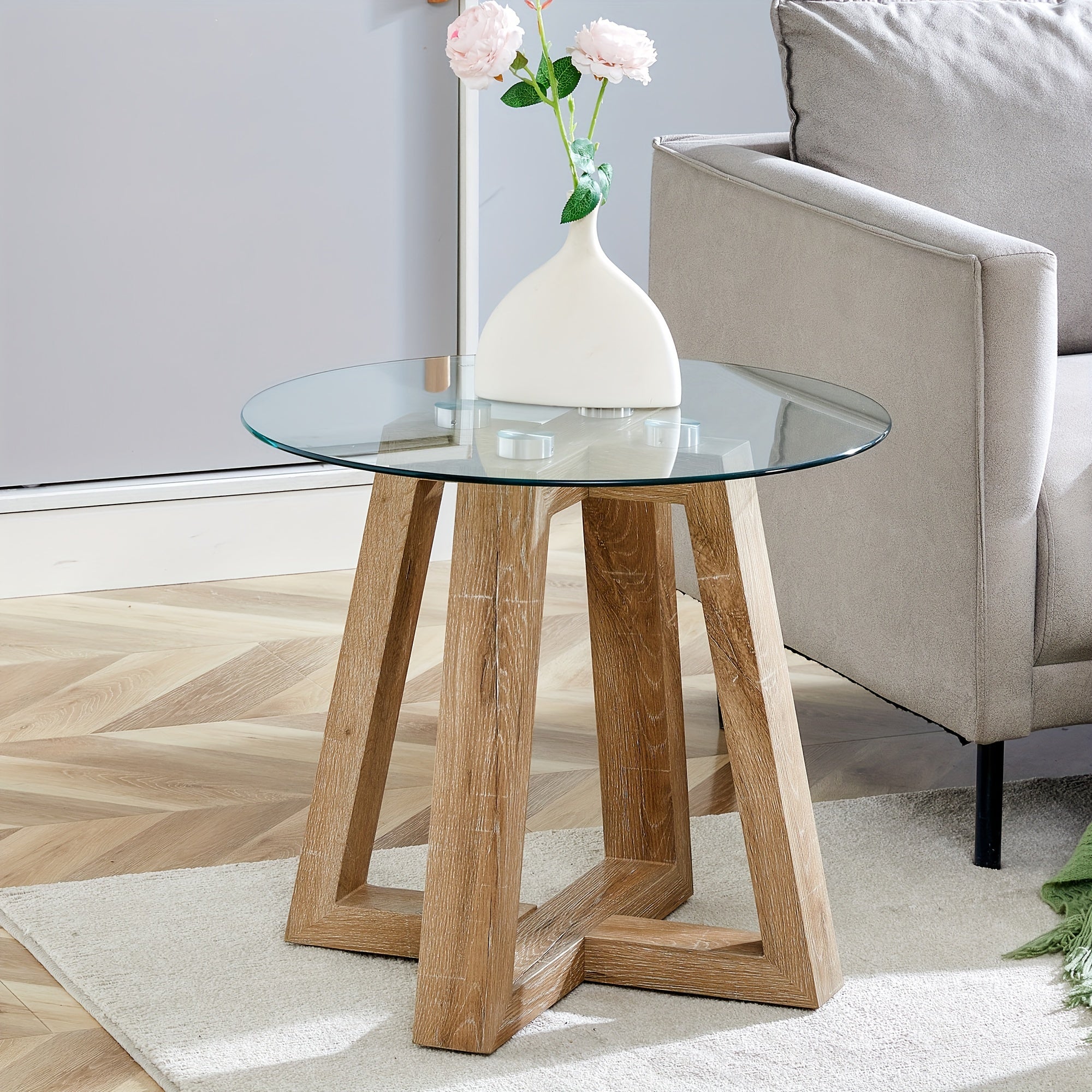 22in*22in*19.7in Tempered Glass Small End Table, Mnimalist Round Side Table, Mid-Century Modern End Side Table for Living Room Bedroom Small Spaces Office, with wood-coloured Legs, furniture for home clearance, home decor, lo