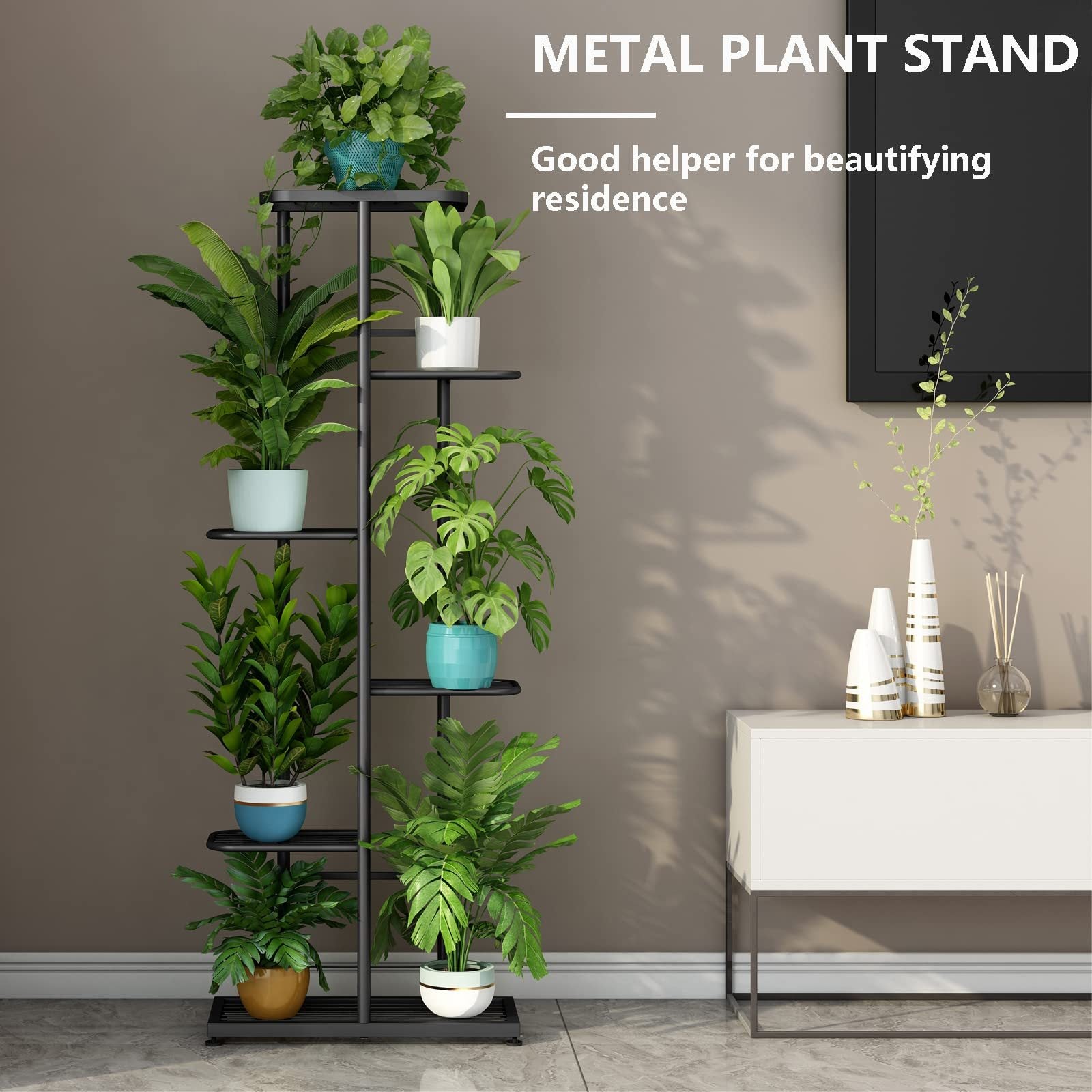 6-Tier Metal Plant Stand for 7+ Pots - Versatile Indoor & Outdoor Display Shelf in White, Bronze, Dark Grey, Light Green - Durable, Easy Assembly, Ideal for Patio, Garden, Corner, Balcony, Living Room Decor, Multiplan