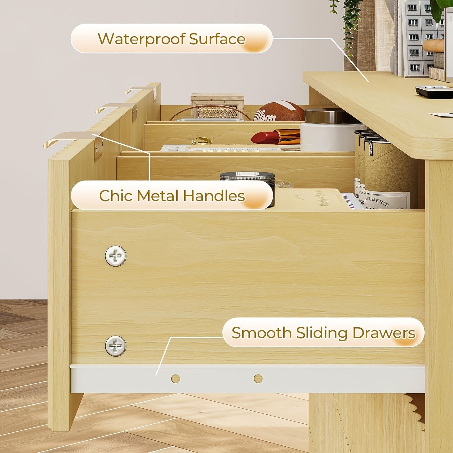 Modern 7-Drawer Fluted Dresser in Natural Oak - Golden Metal Handles, Spacious Storage Organizer for Bedroom & Entryway