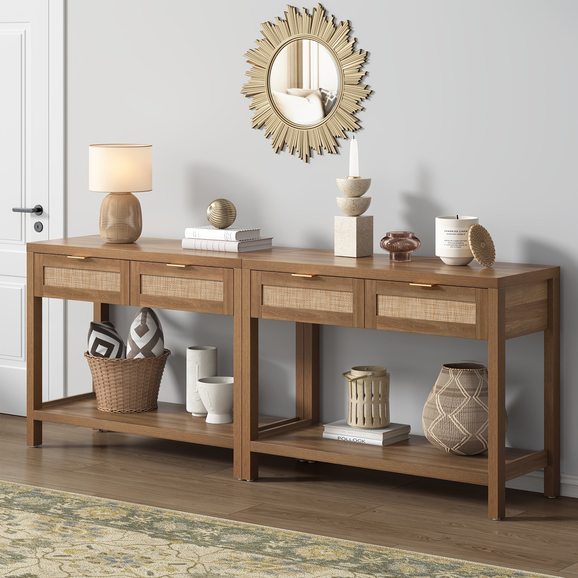 Rattan Console Table With Drawers, Wood Narrow Sofa Table Entryway Table For Hallway, Living Room