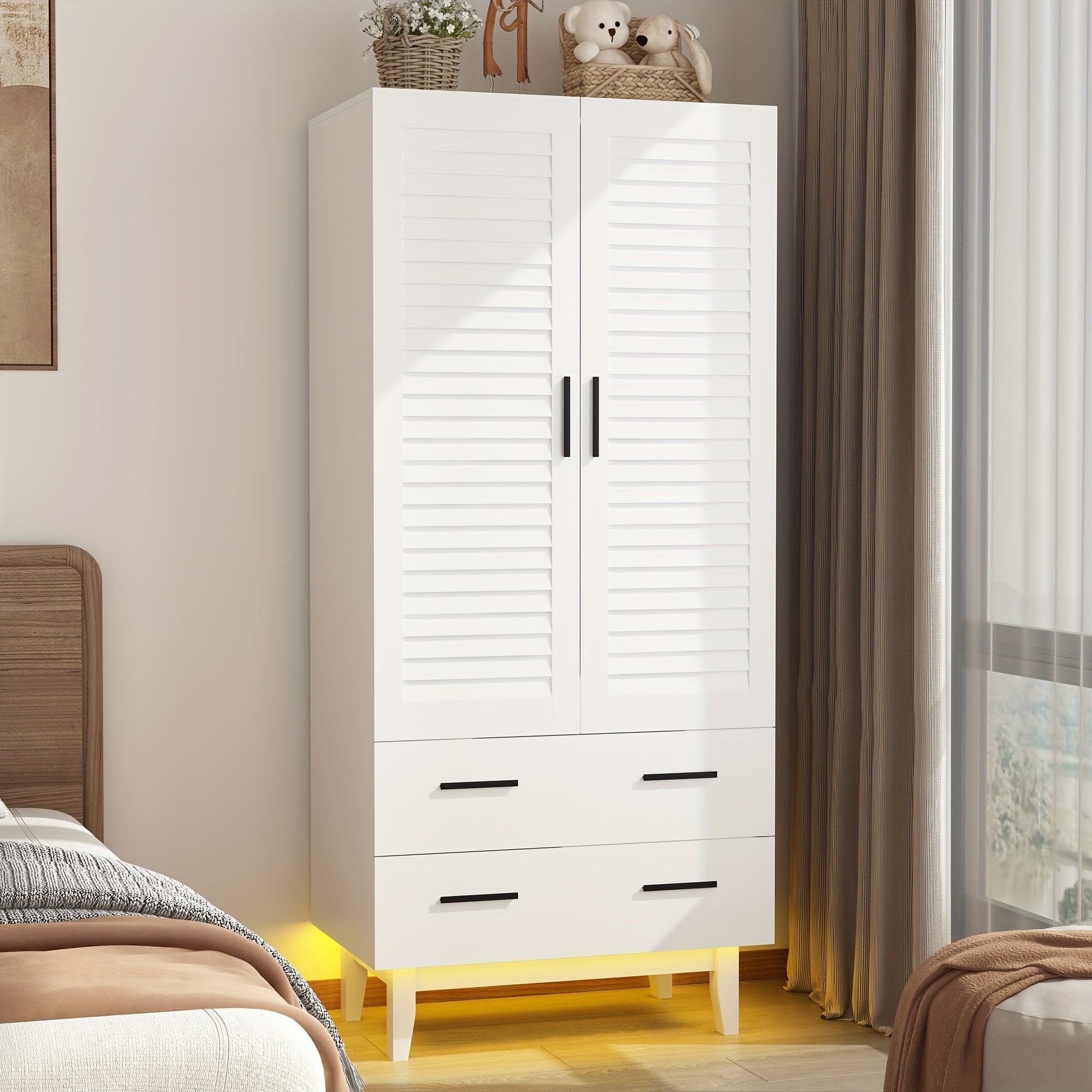 2 Door LED Wardrobe Closet Cabinet With Drawers, Multi-Tier Shelves, Hanging Rod & 2 Louver Doors, Large Capacity Storage Wardrobe Armoire For Bedroom